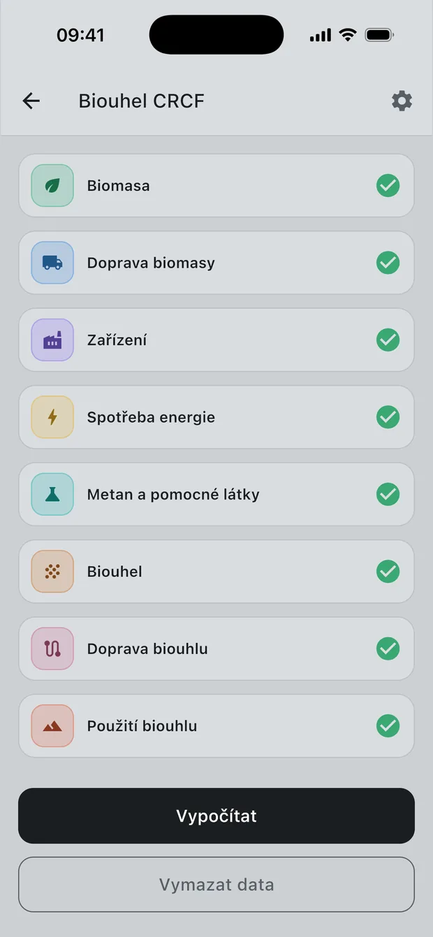 Osm sekcí výpočtu v aplikaci Charmetrica
