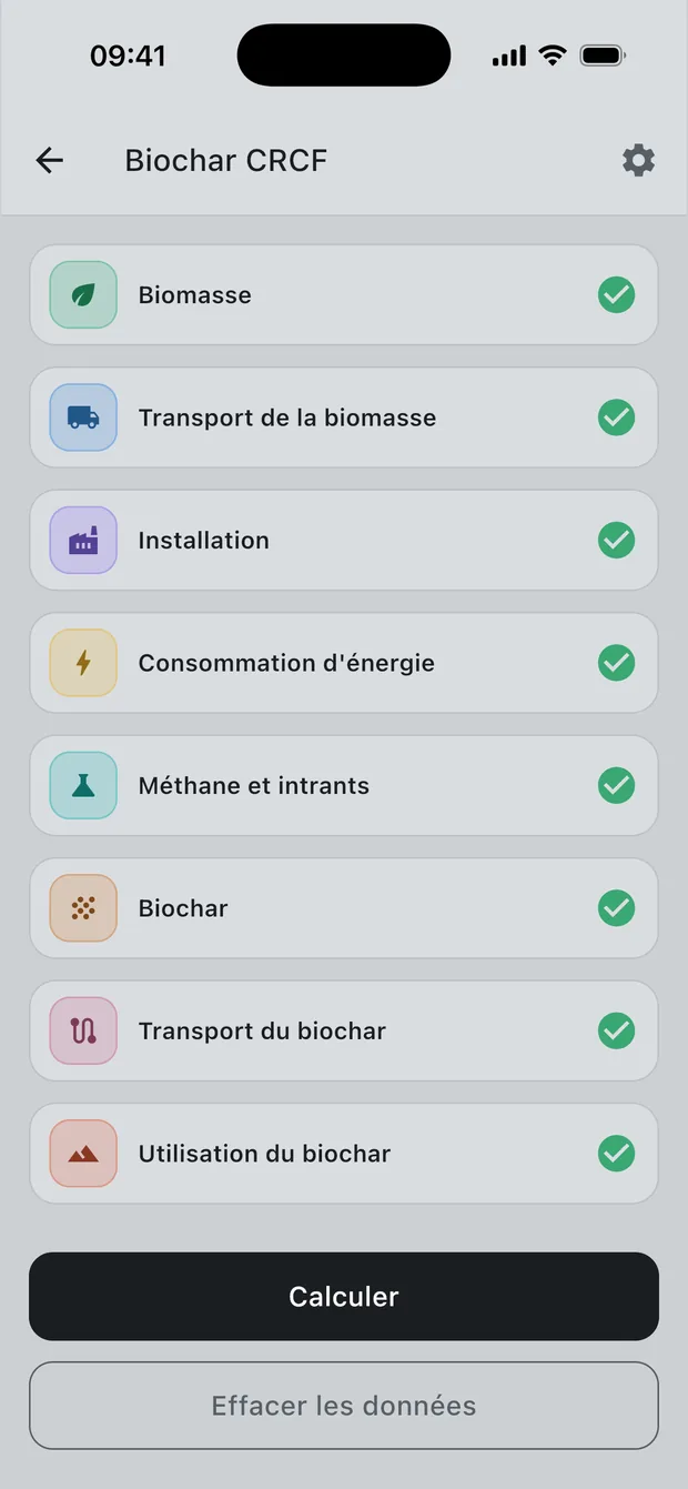 Les huit sections de calcul dans Charmetrica