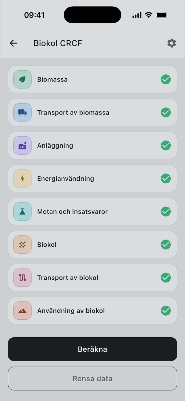 De åtta beräkningsavsnitten i Charmetrica