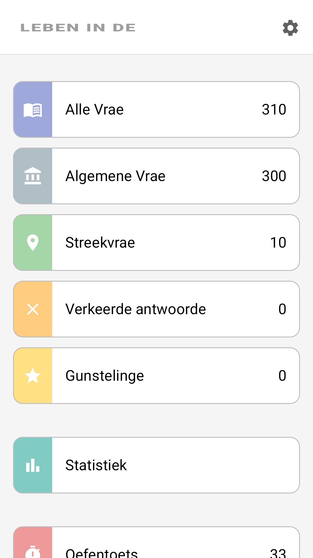 Toepassing se tuisskerm in Afrikaans: alle vrae, streeksvrae, gunstelinge, statistiek