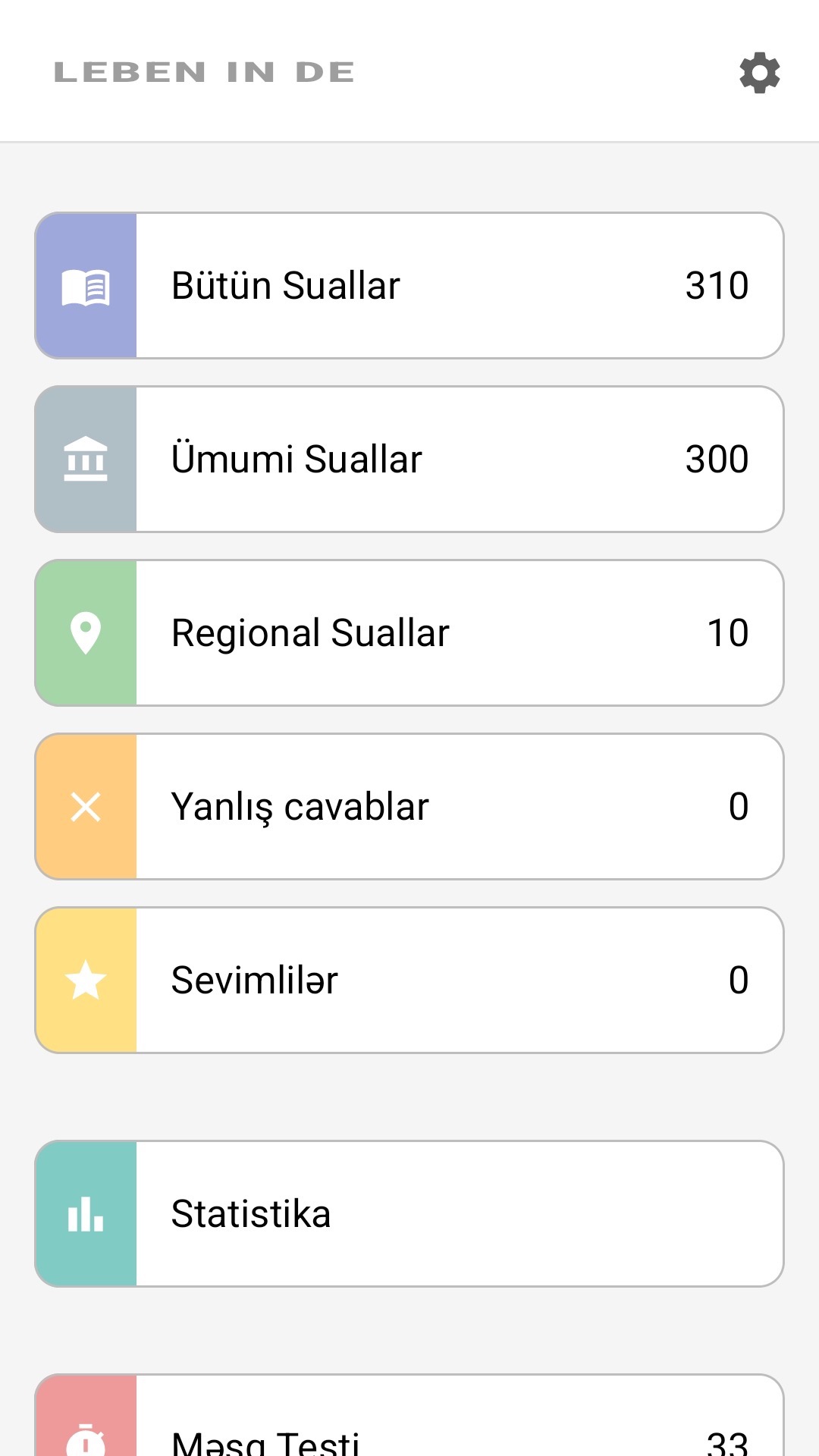 Tətbiqin əsas ekranı Azərbaycan dilində: bütün suallar, regional suallar, seçilmişlər, statistika