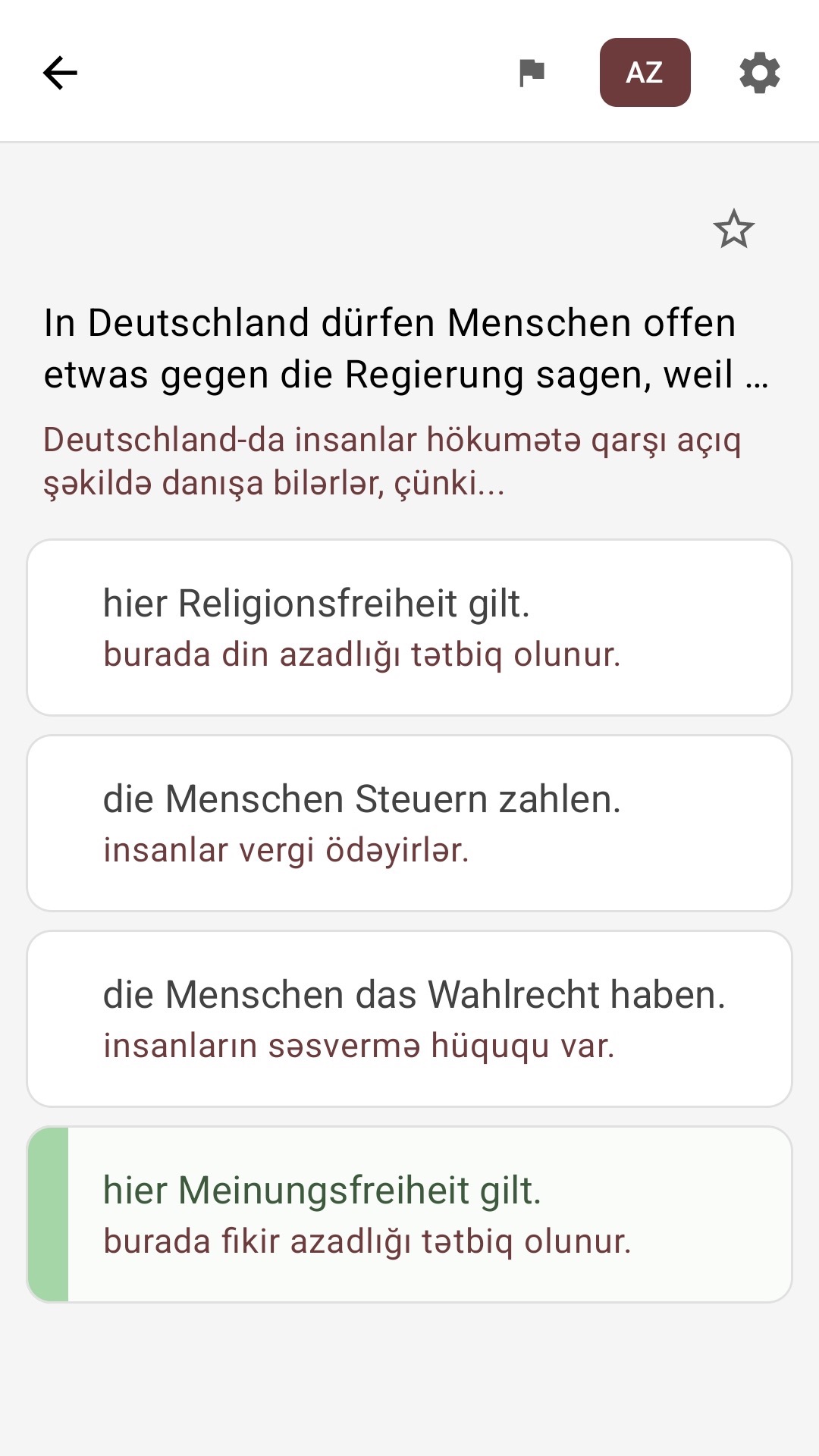 Cavabları Azərbaycan dilinə tərcümə olunmuş sual ekranı