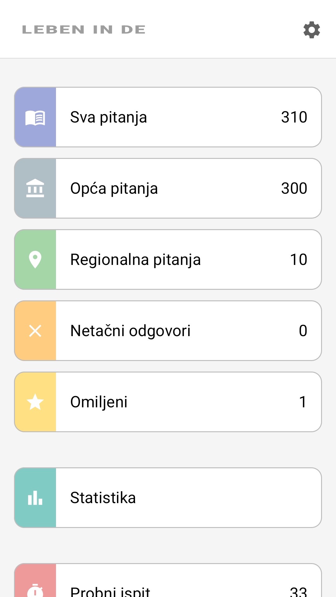 Početni ekran aplikacije na bosanskom: sva pitanja, regionalna pitanja, favoriti, statistika