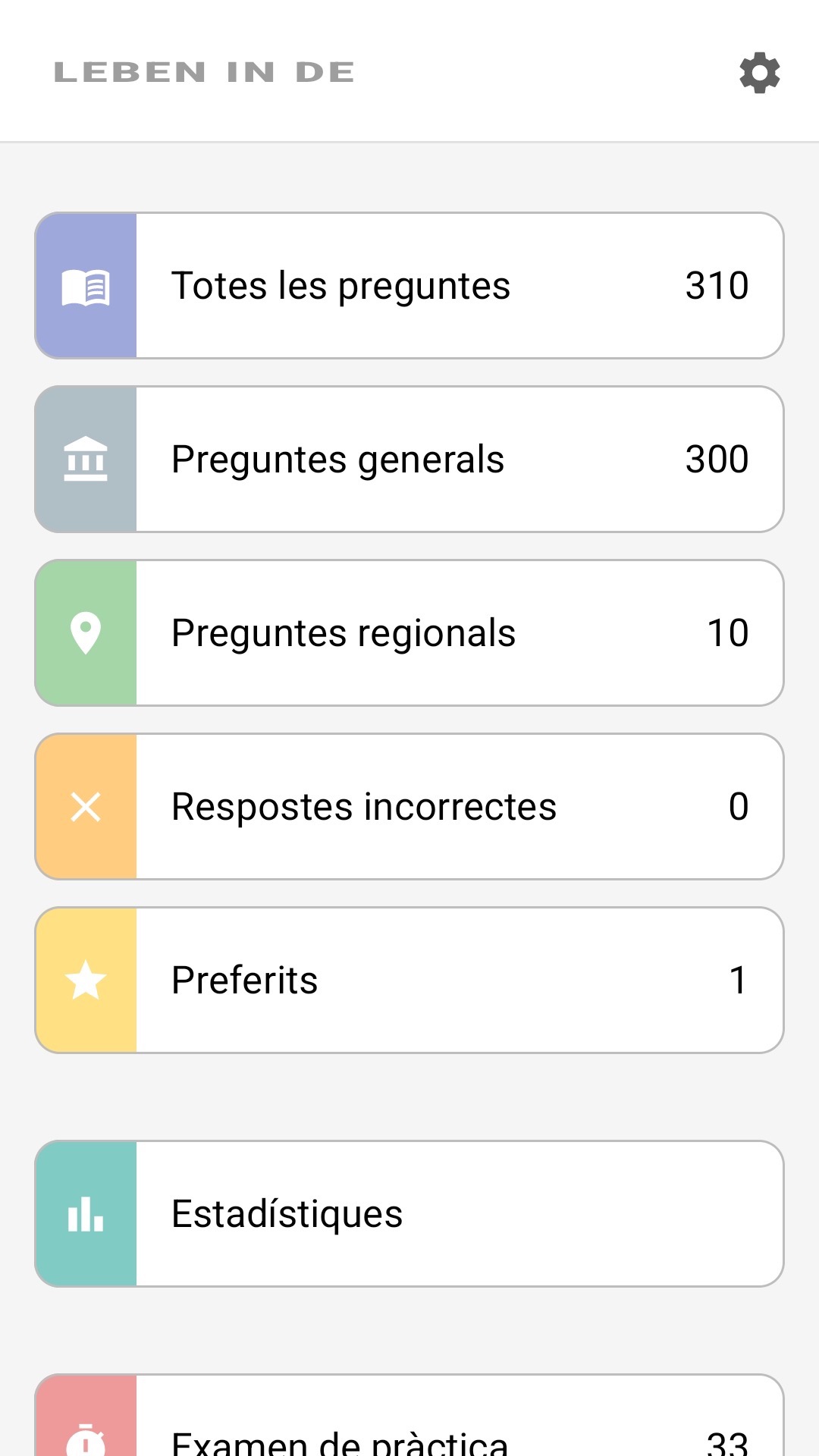 Pantalla d'inici de l'aplicació en català: totes les preguntes, preguntes regionals, preferits, estadístiques