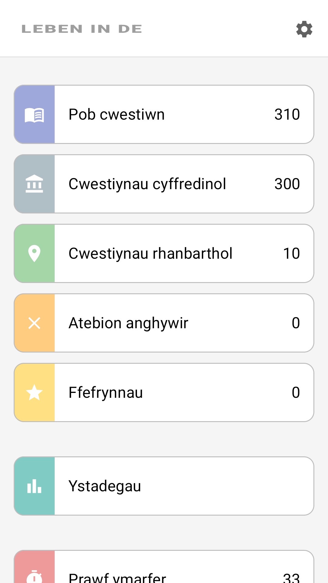 Sgrin hafan yr ap yn Gymraeg: pob cwestiwn, cwestiynau rhanbarthol, ffefrynnau, ystadegau