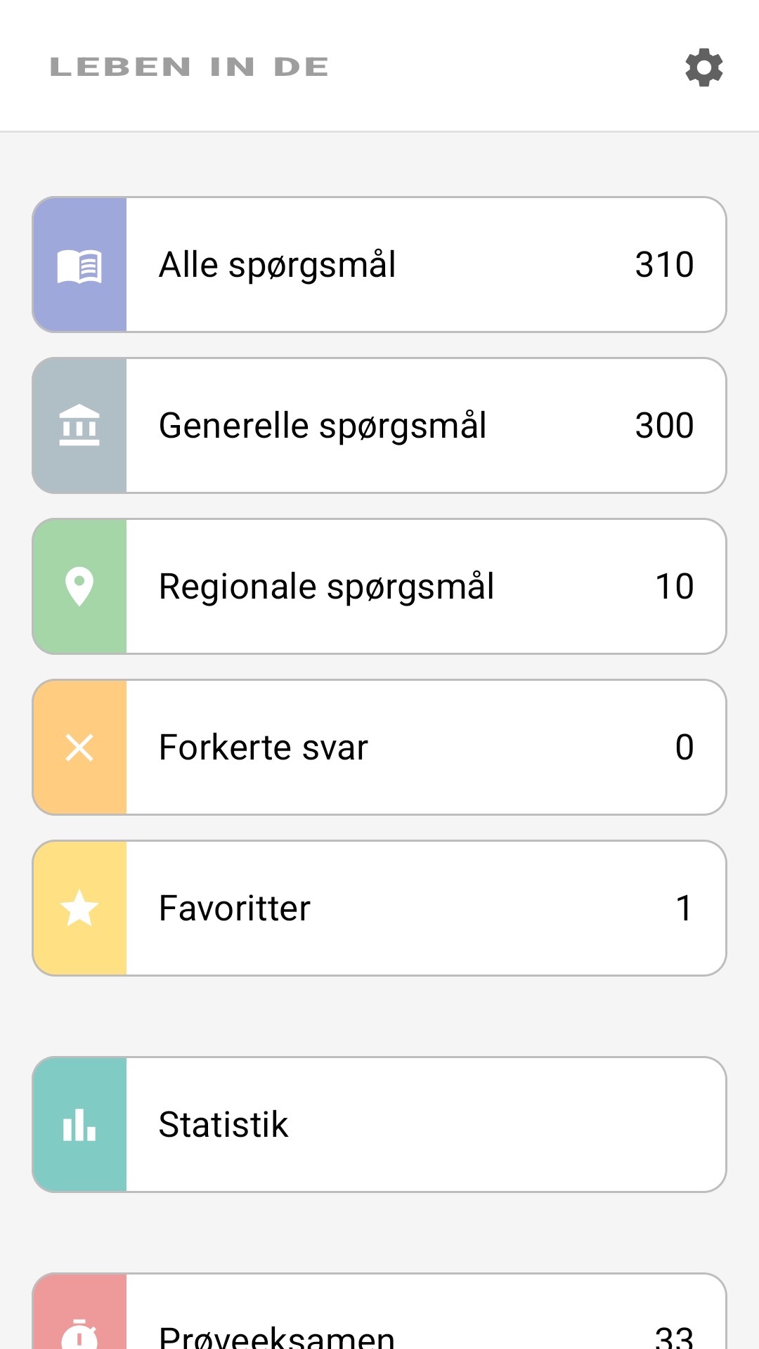 Appens startskærm på dansk: alle spørgsmål, regionale spørgsmål, favoritter, statistik