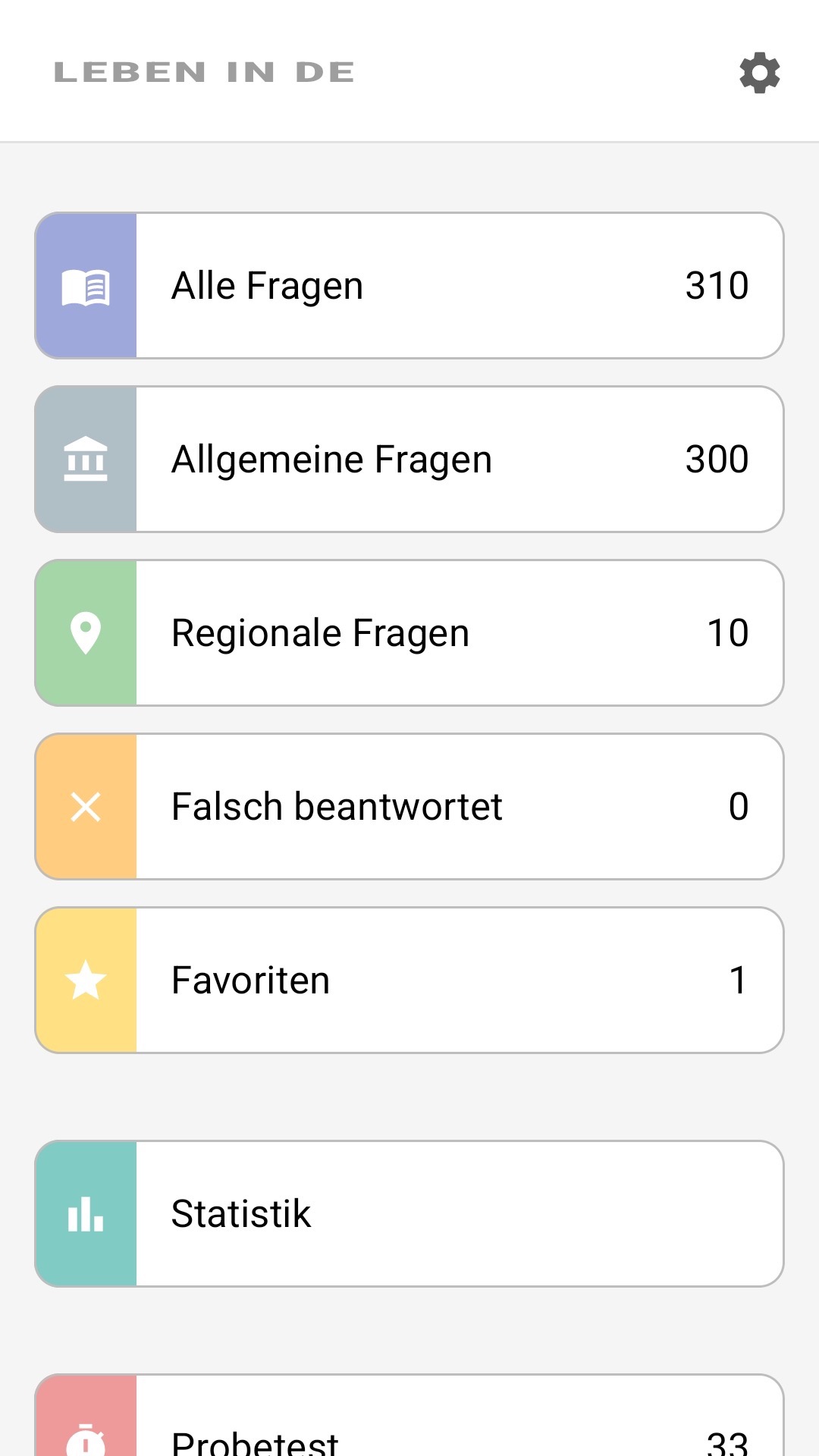 Startbildschirm der App auf Deutsch: alle Fragen, Bundesland-Fragen, Favoriten, Statistik