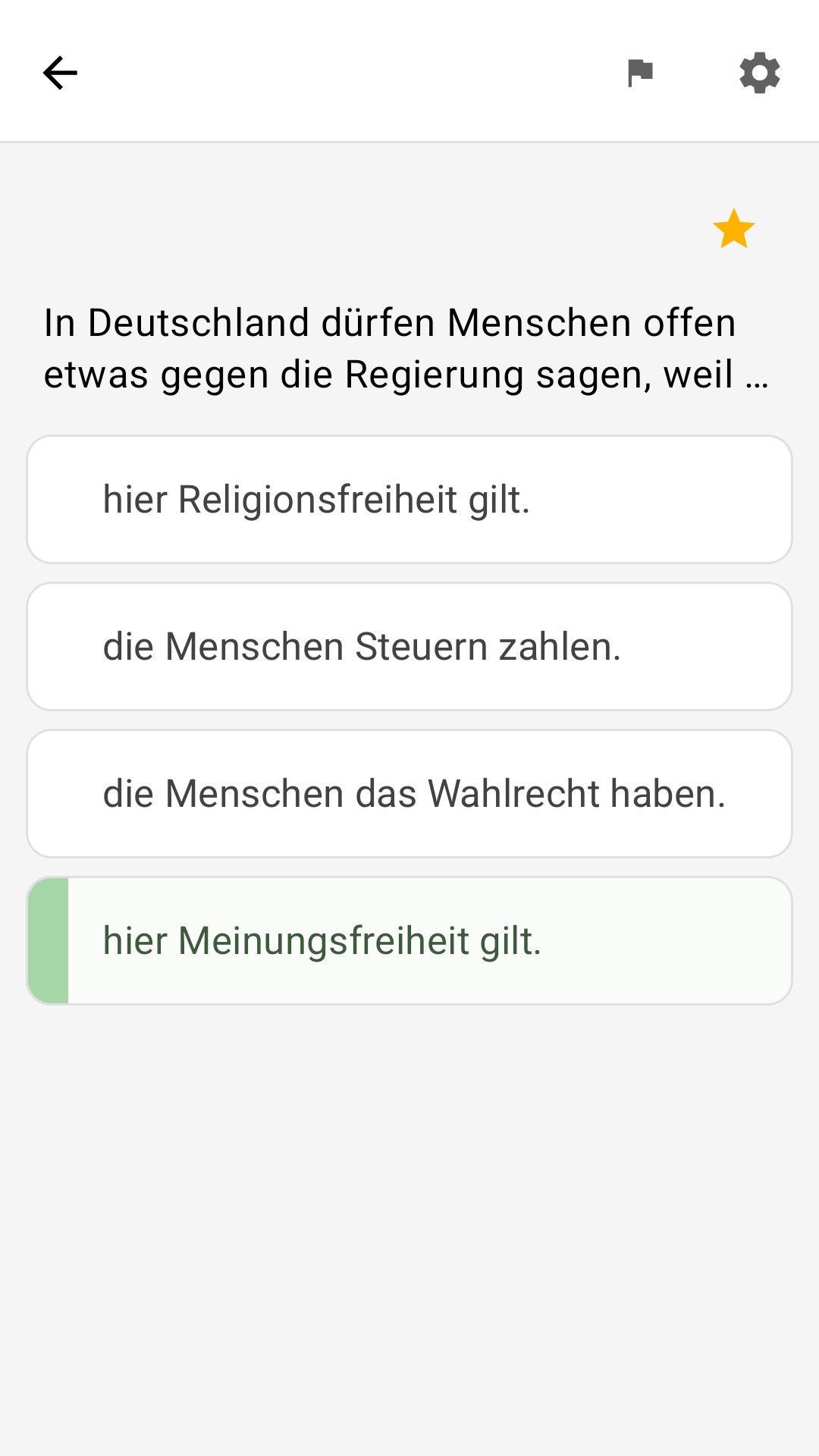 Fragebildschirm mit Antworten
