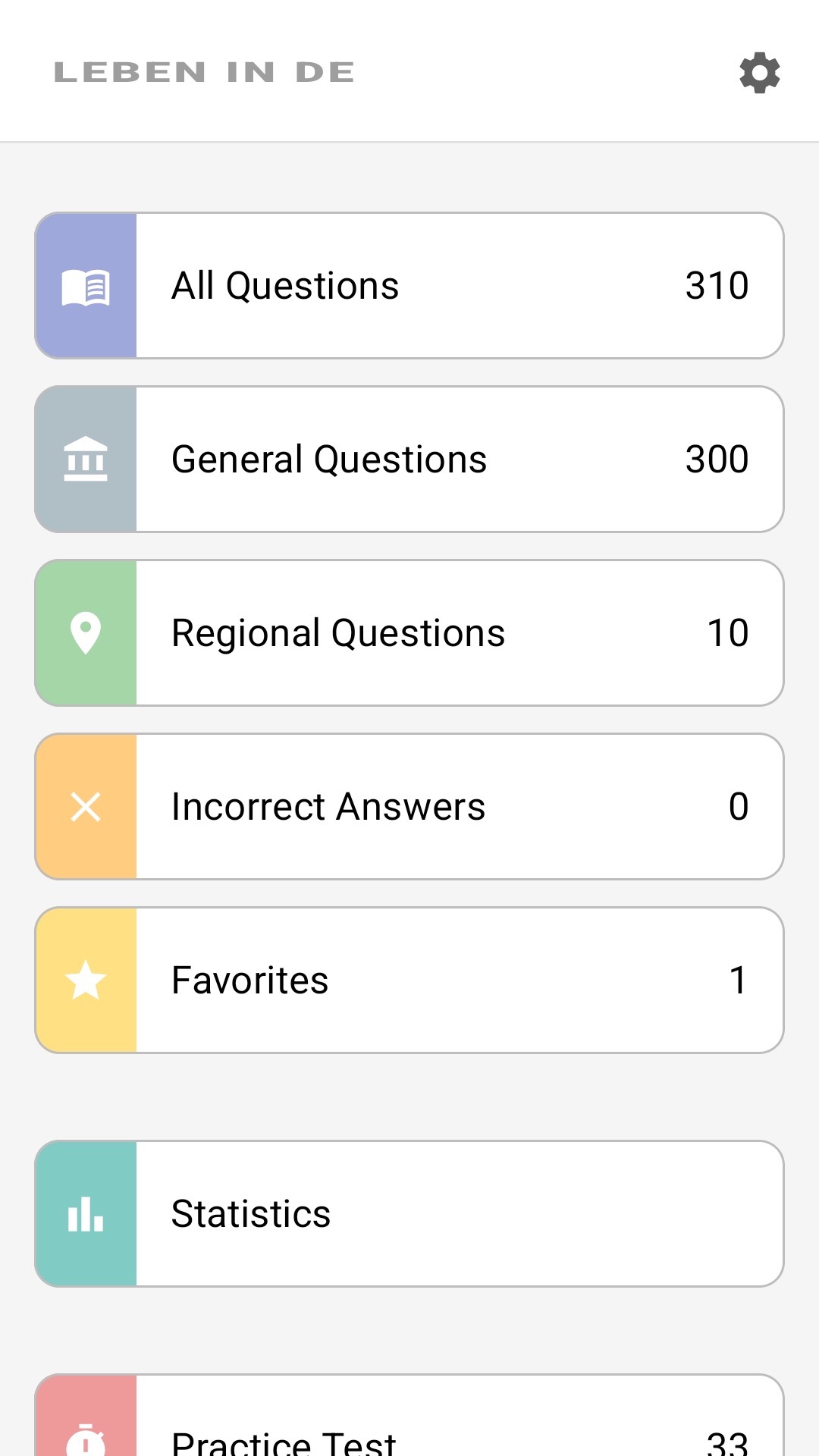 App home screen in English: all questions, regional questions, favorites, statistics