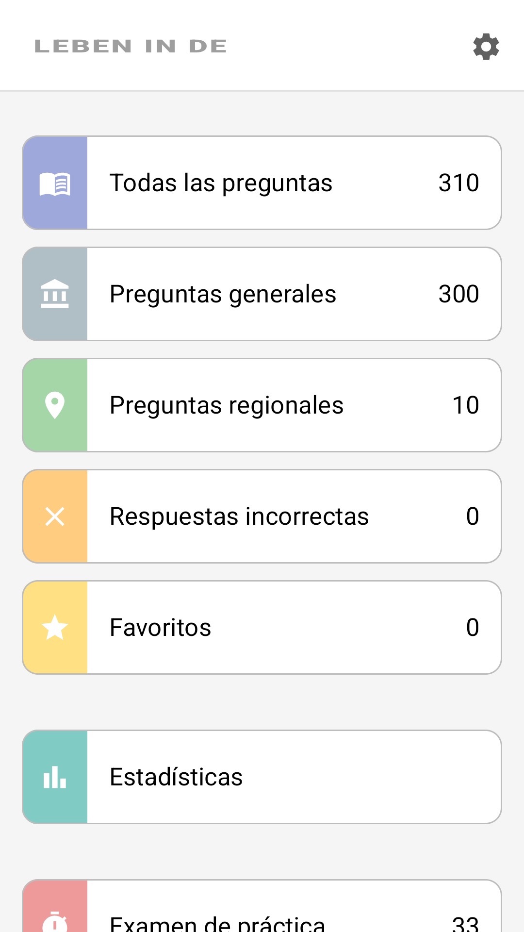 Pantalla de inicio de la aplicación en español: todas las preguntas, preguntas regionales, favoritos, estadísticas