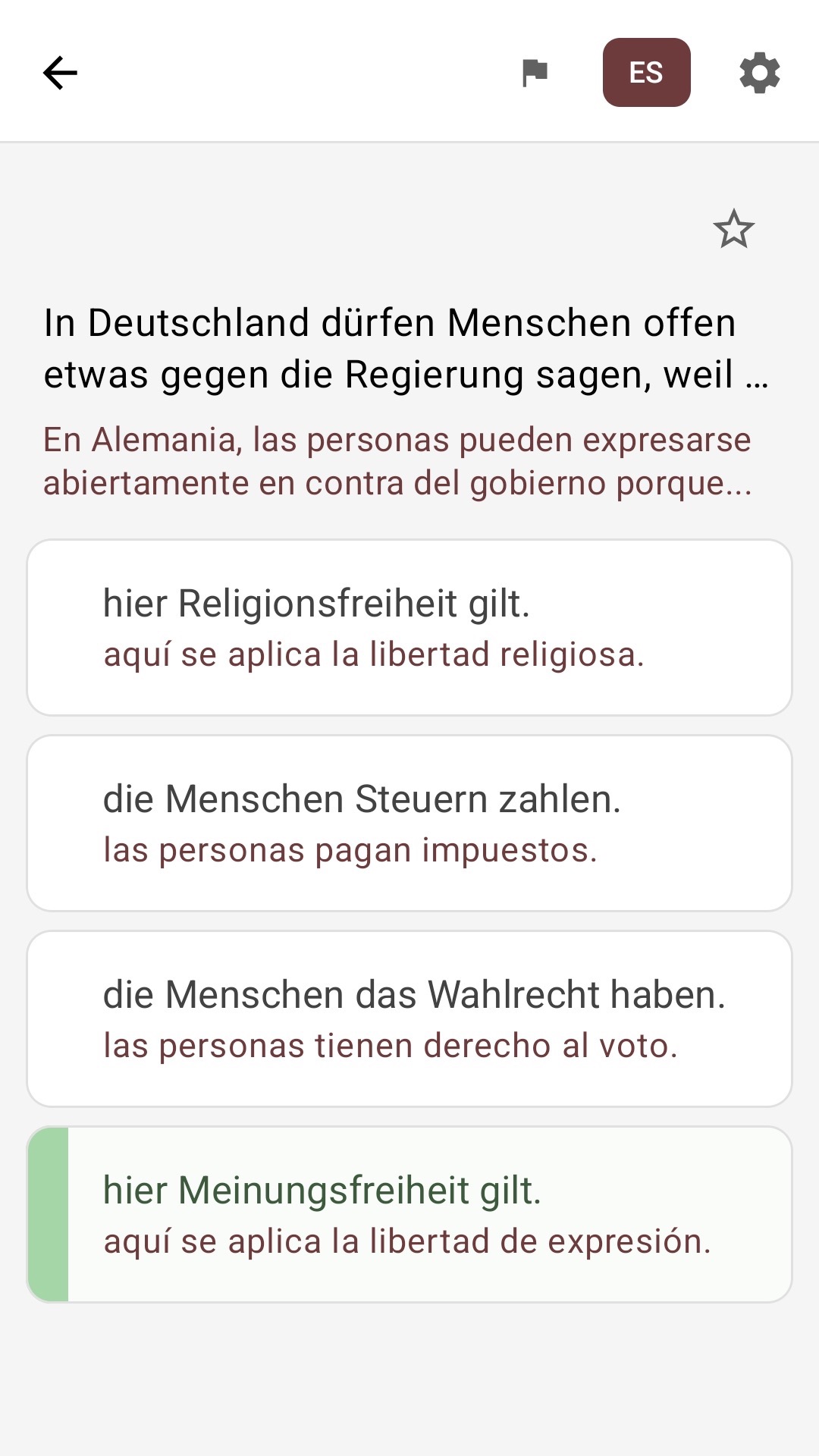 Pantalla de preguntas con las respuestas traducidas al español