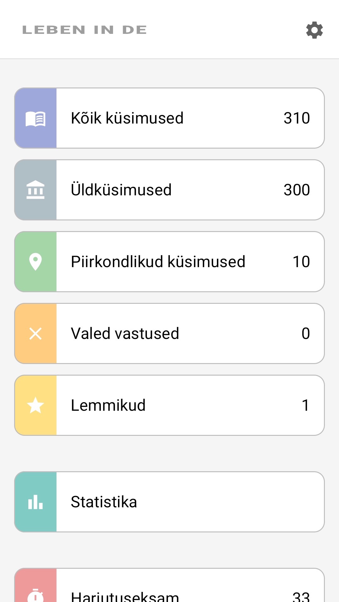 Rakenduse avakuva eesti keeles: kõik küsimused, piirkondlikud küsimused, lemmikud, statistika