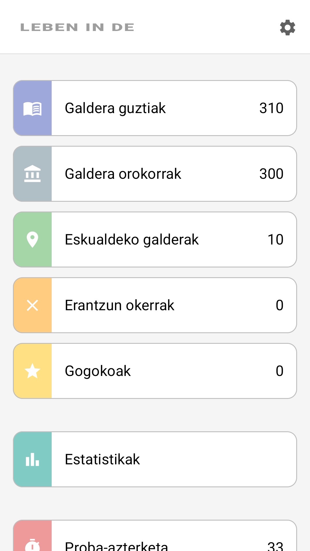 Aplikazioaren hasierako pantaila euskaraz: galdera guztiak, eskualdeko galderak, gogokoak, estatistikak