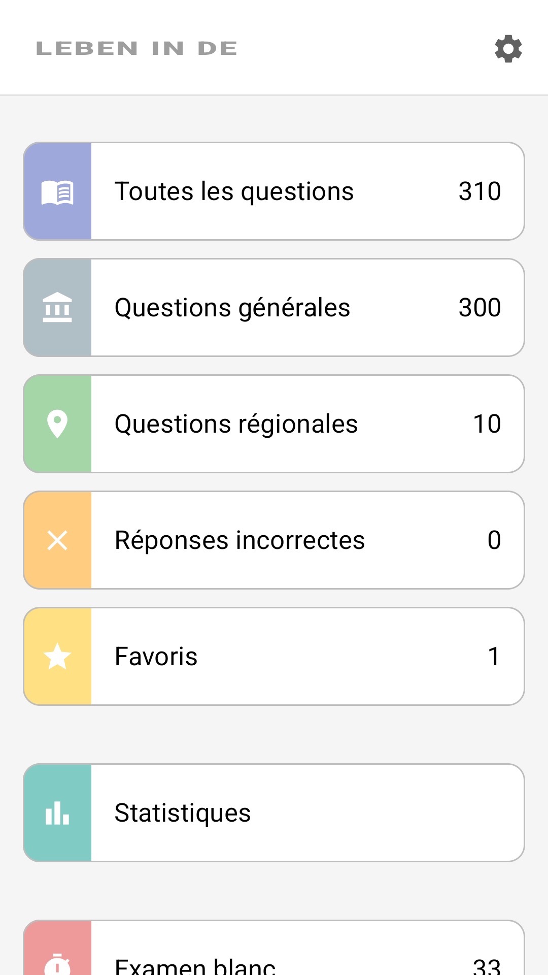 Écran d’accueil de l’application en français : toutes les questions, questions régionales, favoris, statistiques