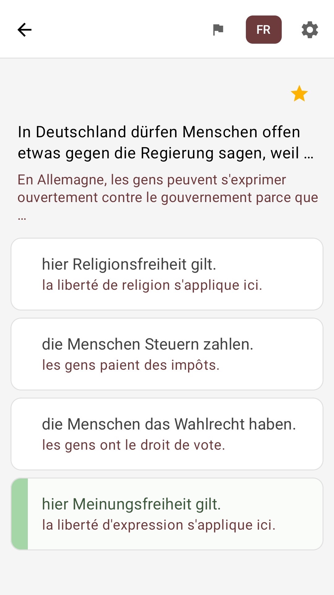 Écran de question avec les réponses traduites en français