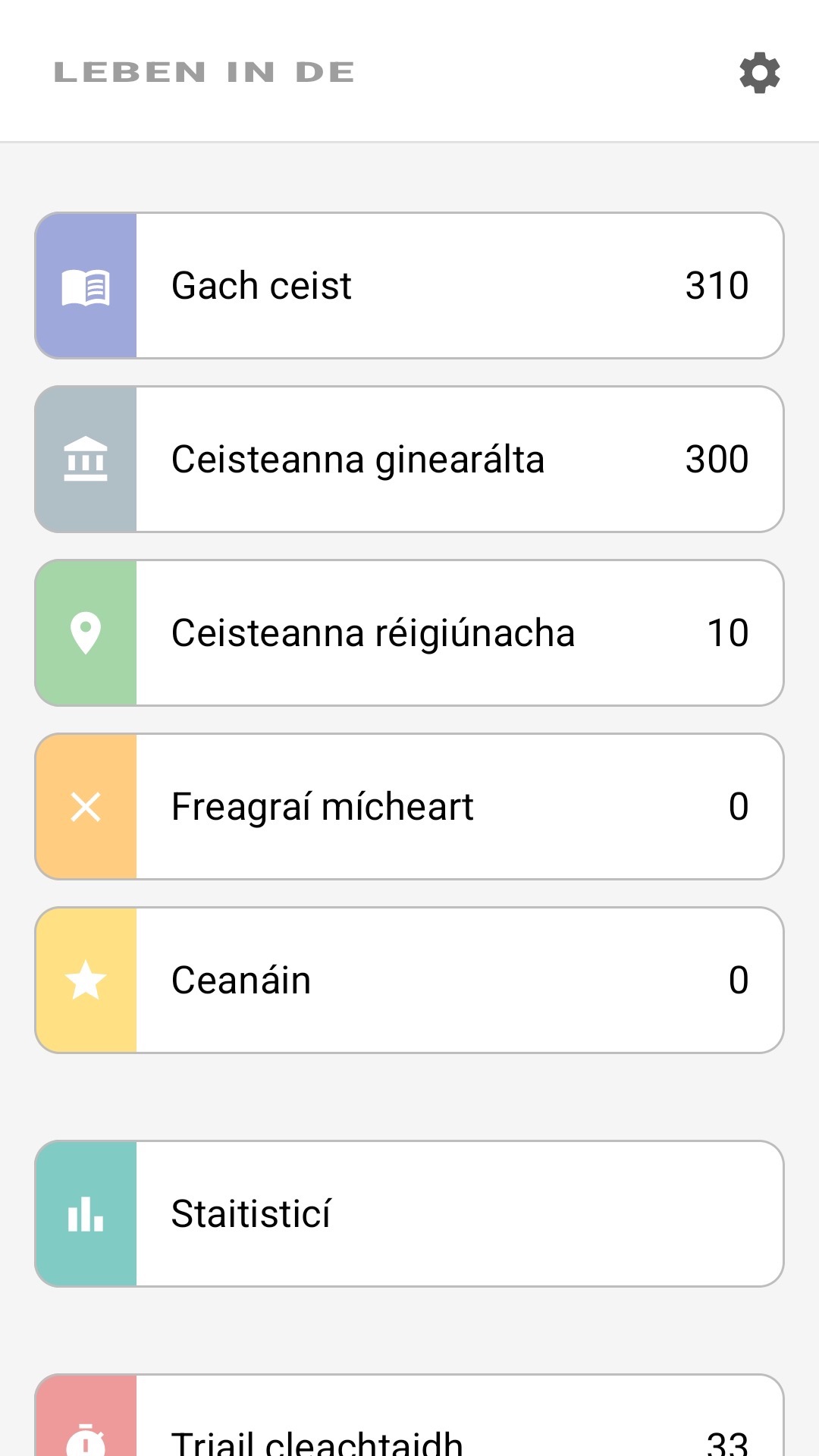 Príomhscáileán an aip as Gaeilge: gach ceist, ceisteanna réigiúnacha, ceanáin, staitisticí