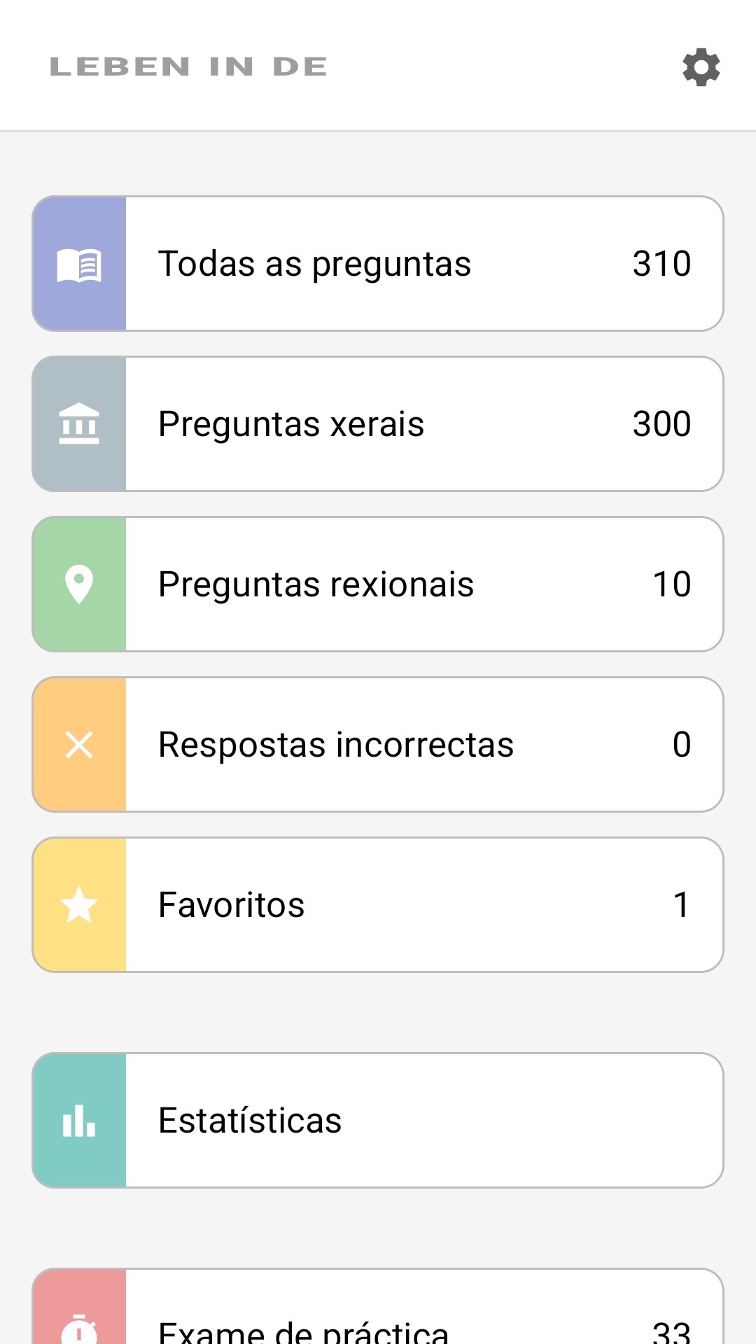 Pantalla de inicio da aplicación en galego: todas as preguntas, preguntas rexionais, favoritas, estatísticas