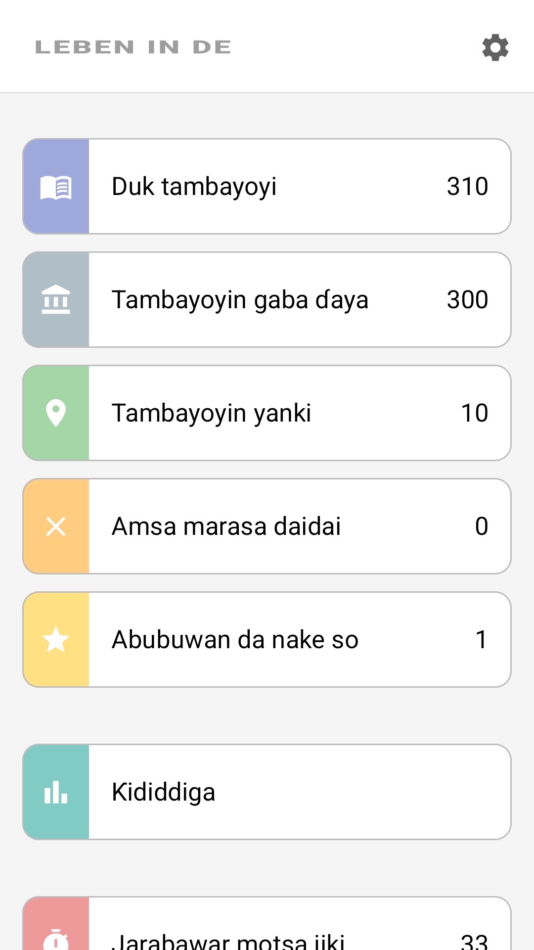 Babban shafin manhaja da Hausa: dukkan tambayoyi, tambayoyin yanki, abubuwan da aka fi so, ƙididdiga