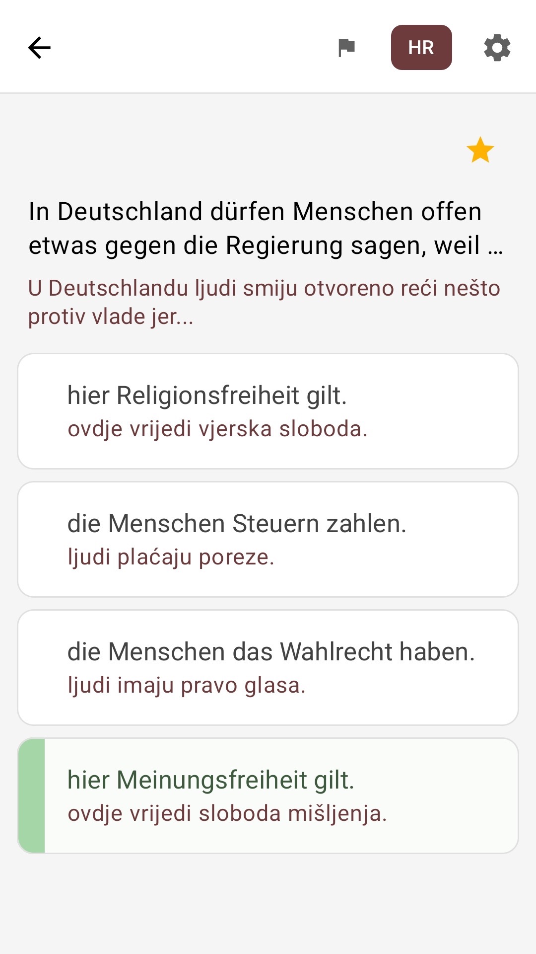 Zaslon s pitanjem i odgovorima prevedenima na hrvatski