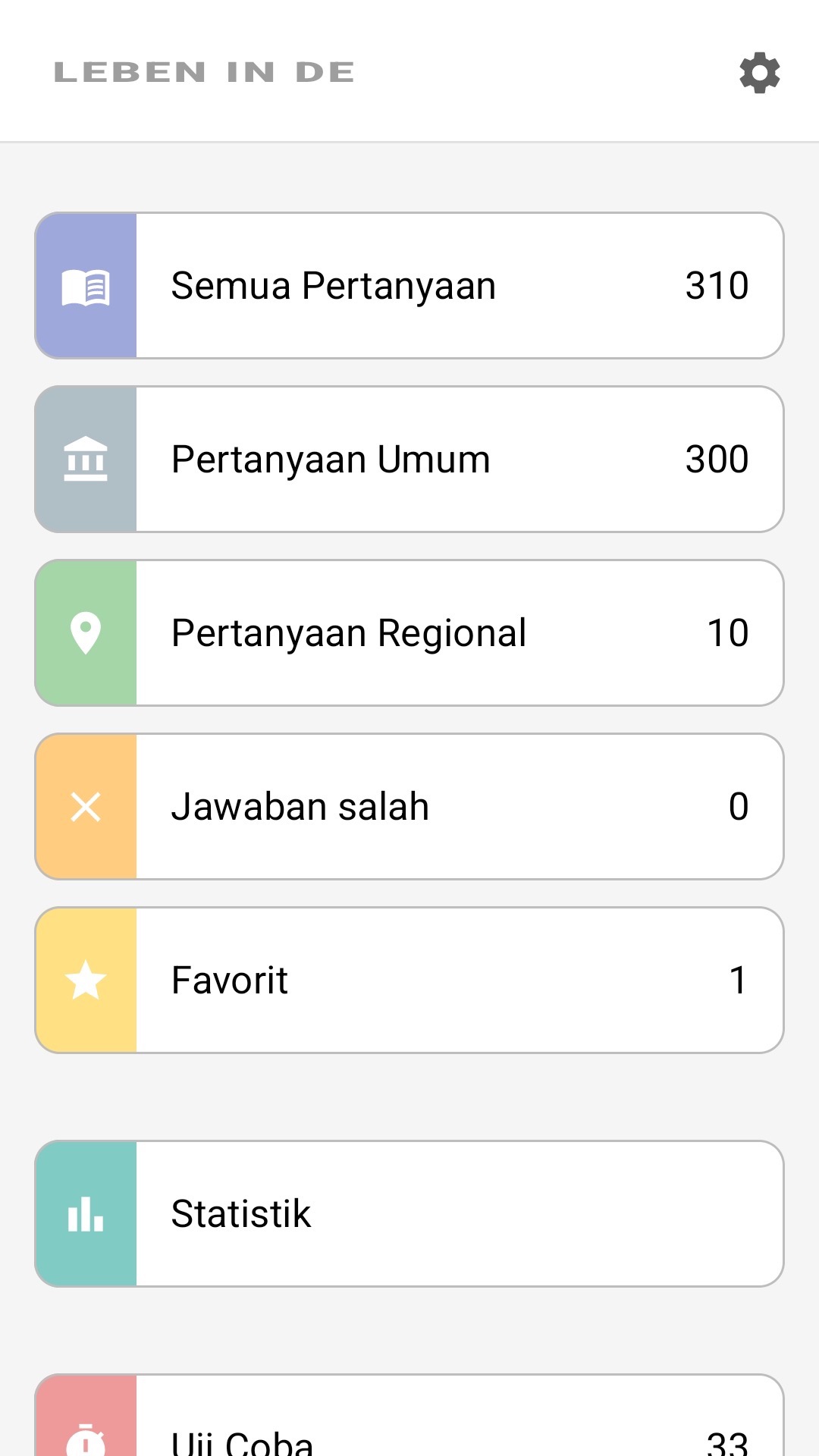 Layar utama aplikasi dalam Bahasa Indonesia: semua soal, soal regional, favorit, statistik