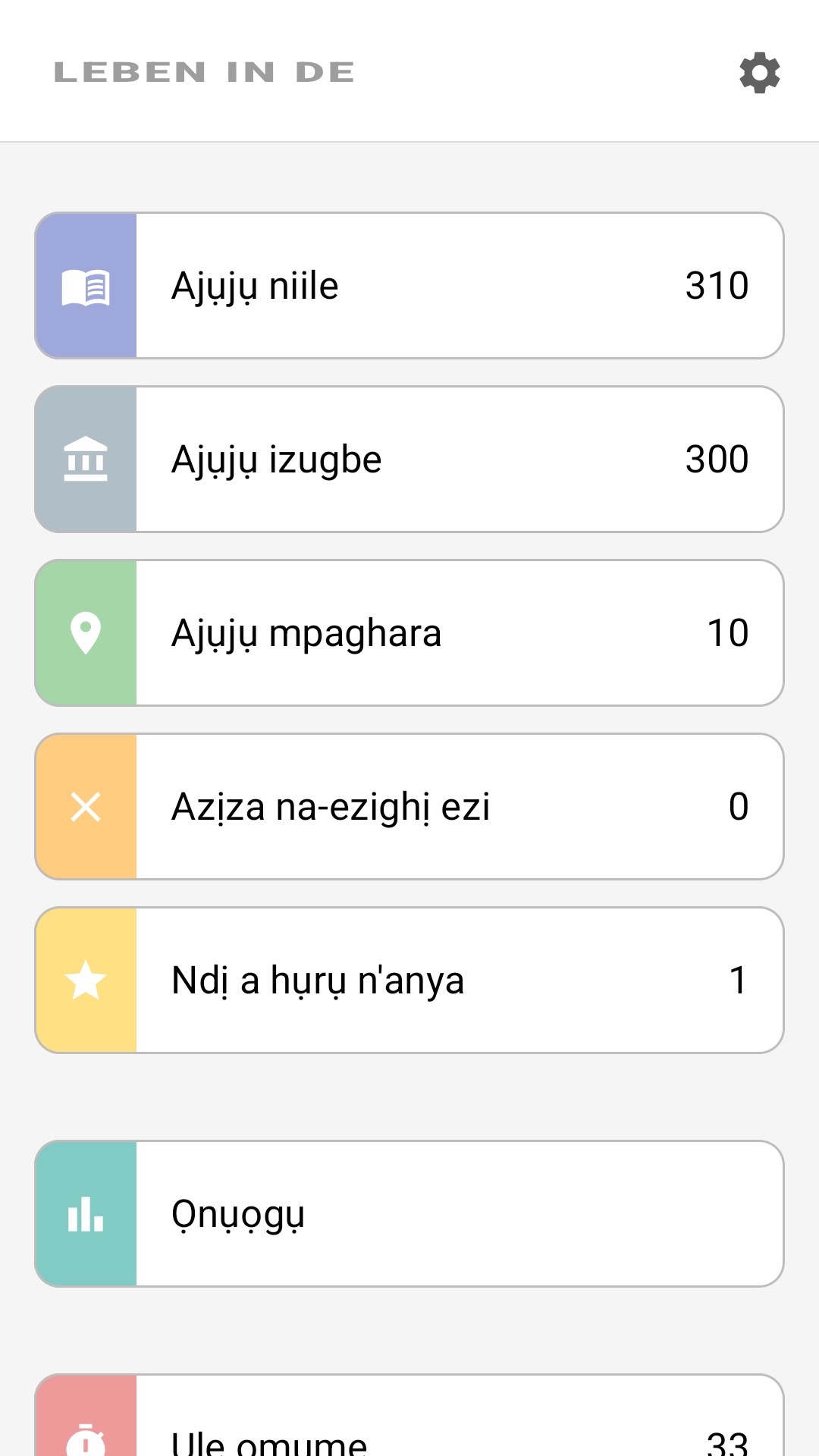 Ihuenyo ngwa na Igbo: ajụjụ niile, ajụjụ mpaghara, ọkacha mmasị, ọnụọgụgụ