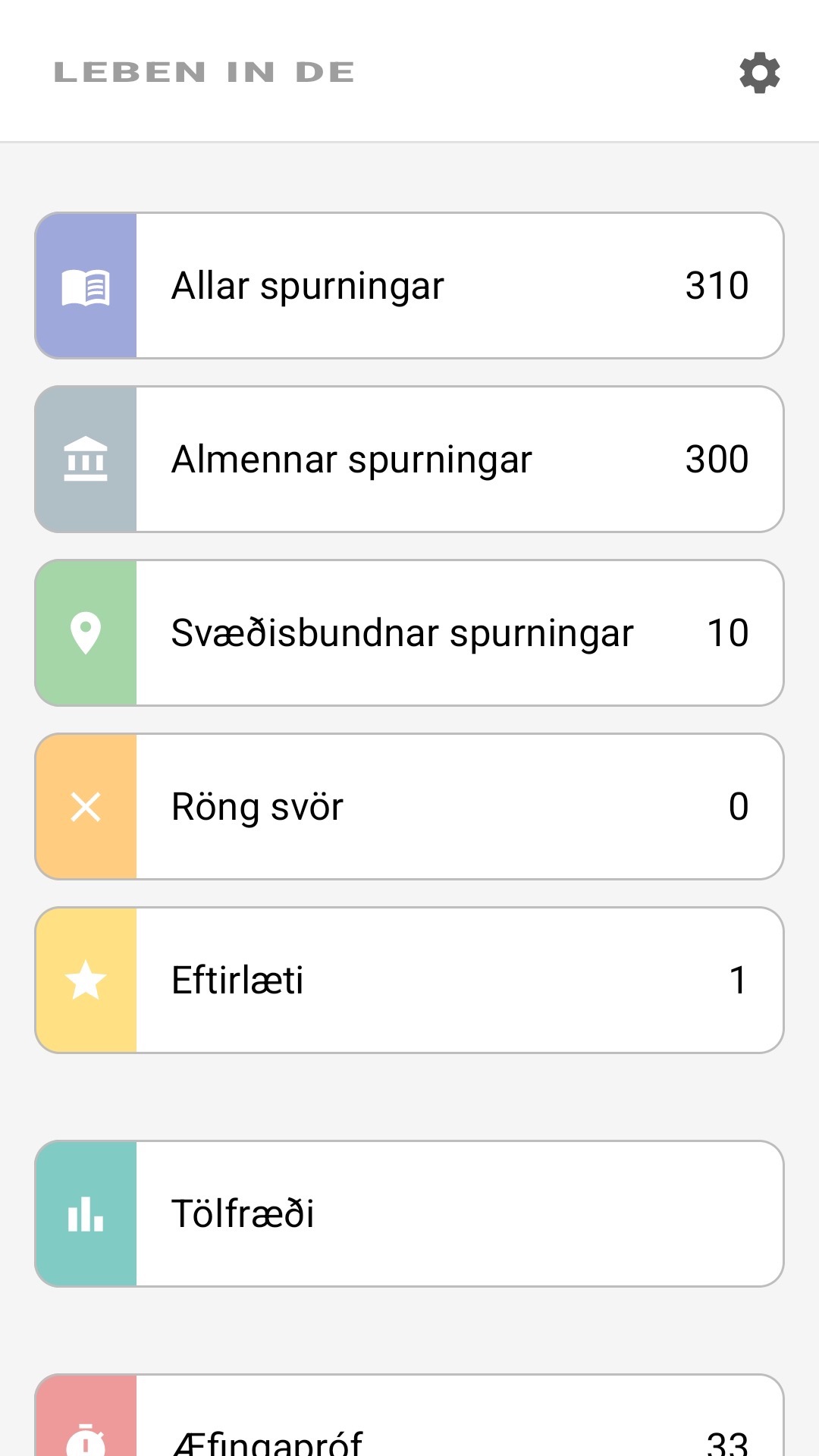 Heimaskjár forritsins á íslensku: allar spurningar, svæðisbundnar spurningar, eftirlæti, tölfræði