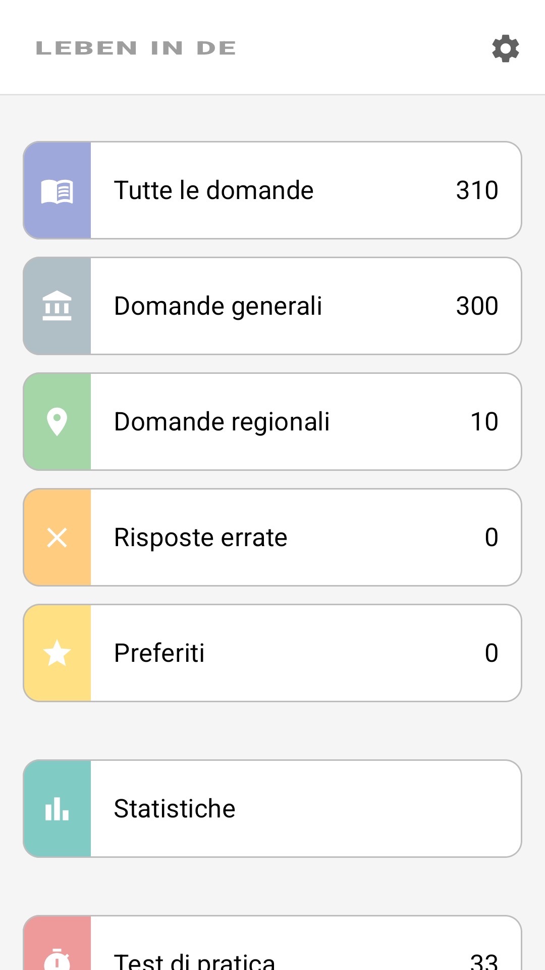 Schermata iniziale dell'app in italiano: tutte le domande, domande regionali, preferiti, statistiche
