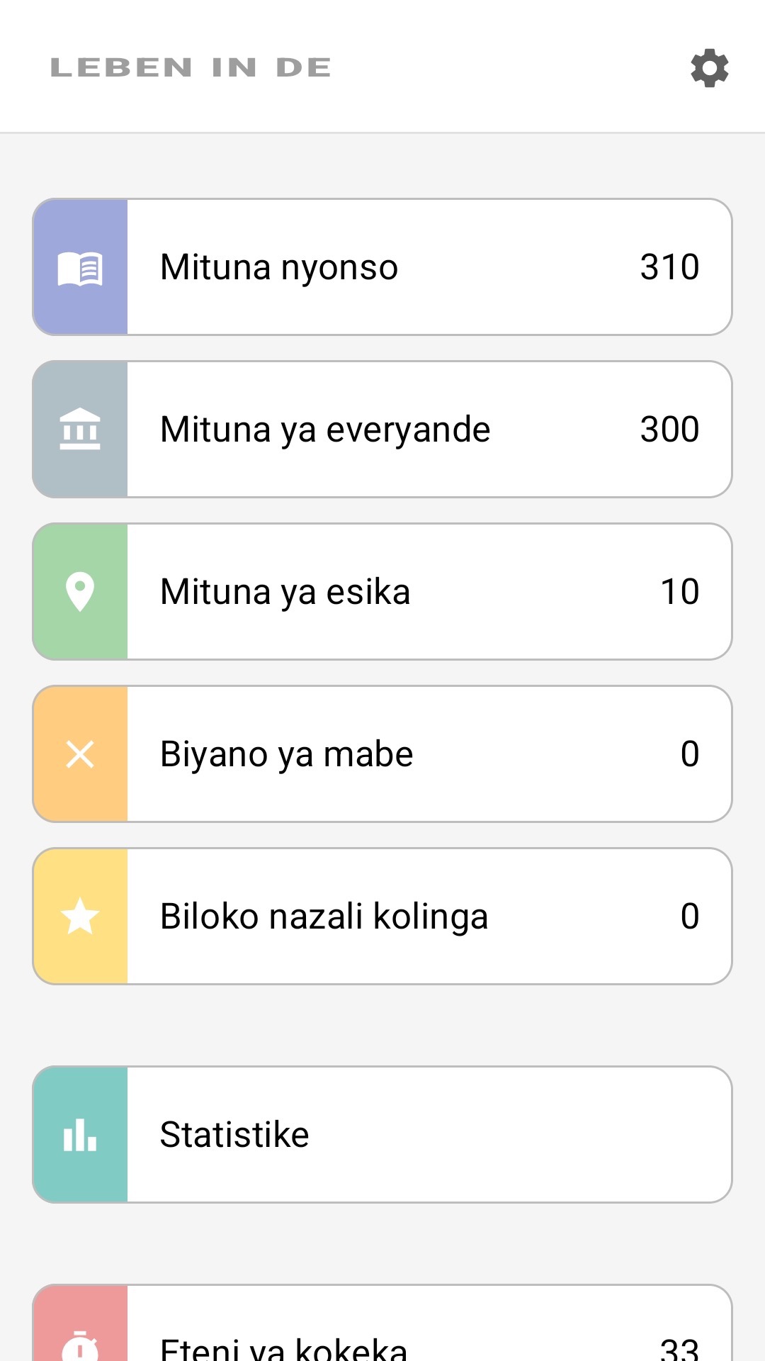 Lokasa ya ebandeli ya application na Lingála: mituna nyonso, mituna ya etúká, balingami, statistiki