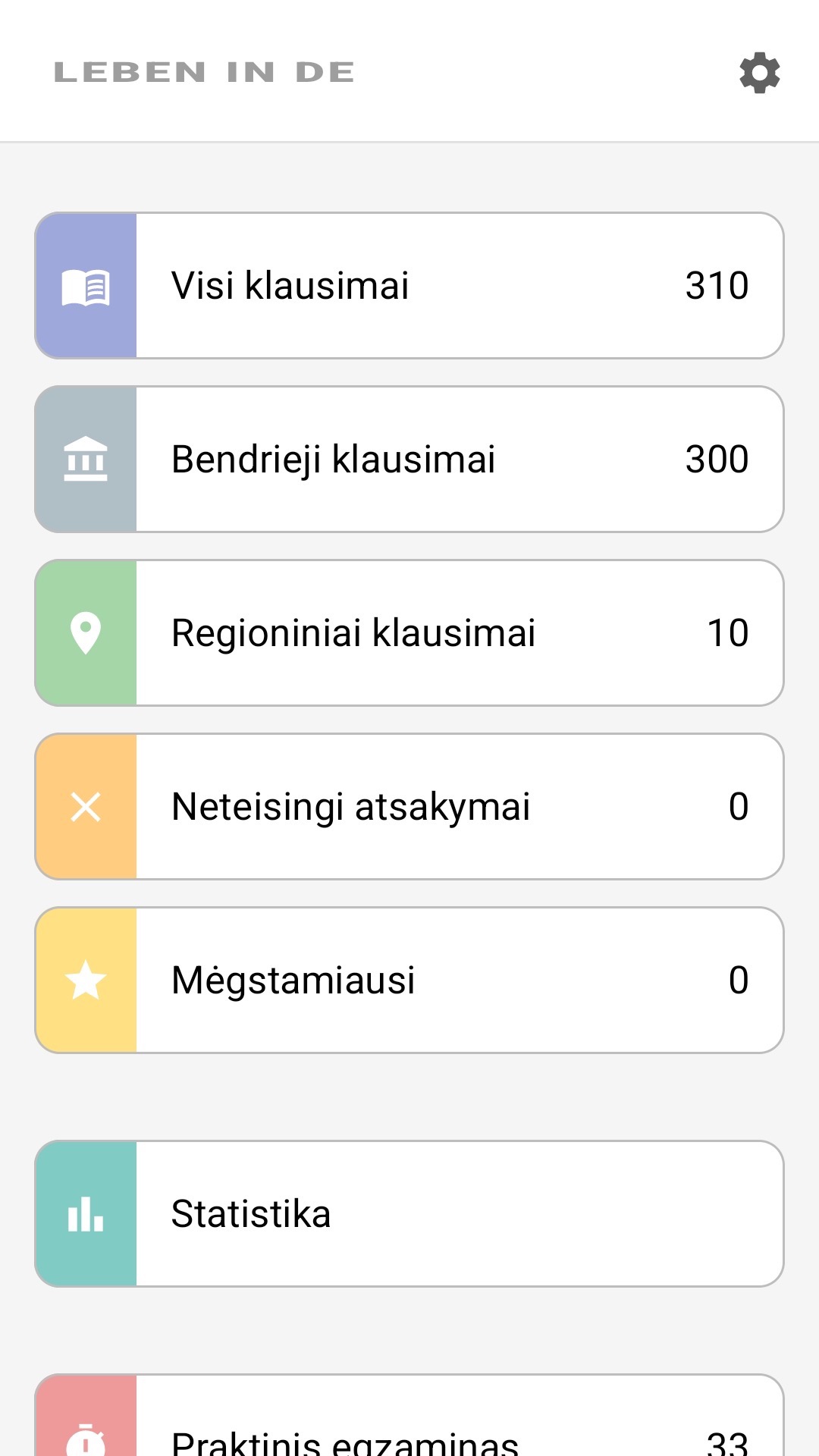 Programėlės pradžios ekranas lietuvių kalba: visi klausimai, regioniniai klausimai, mėgstamiausi, statistika