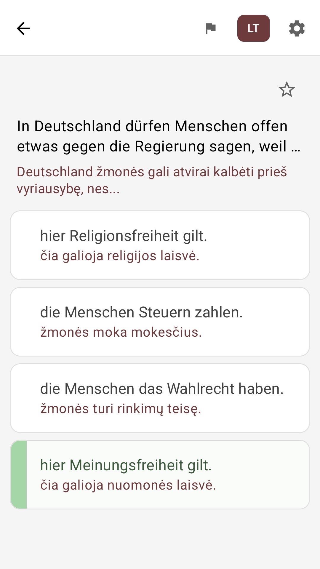 Klausimo ekranas su atsakymais, išverstais į lietuvių kalbą
