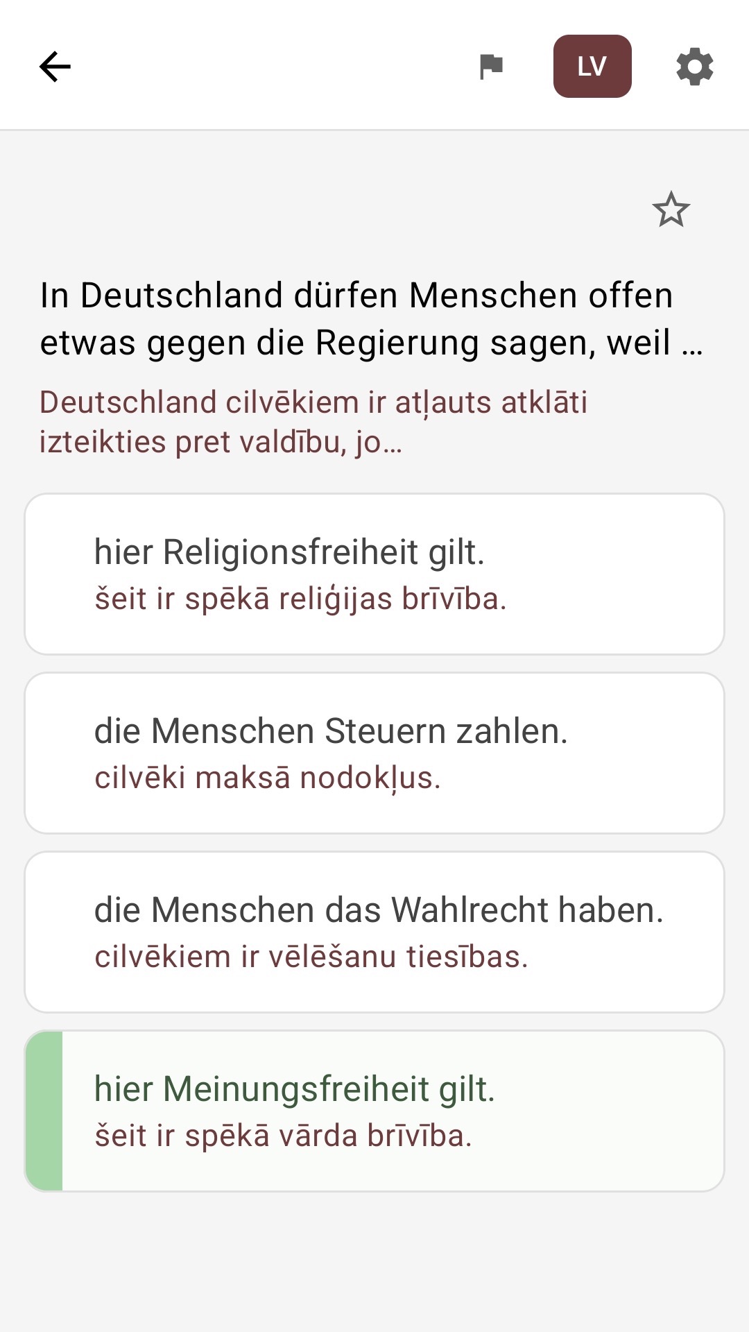 Jautājuma ekrāns ar atbildēm, kas tulkotas latviešu valodā