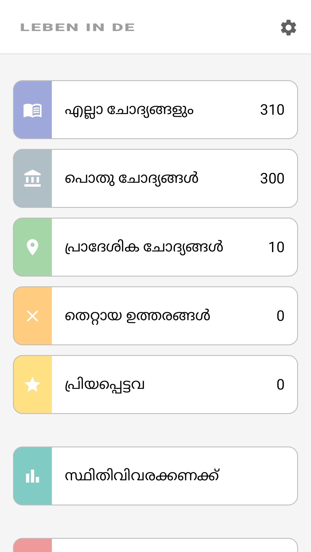 മലയാളത്തിലുള്ള ആപ്പിന്റെ ഹോം സ്ക്രീൻ: എല്ലാ ചോദ്യങ്ങൾ, പ്രാദേശിക ചോദ്യങ്ങൾ, പ്രിയപ്പെട്ടവ, സ്ഥിതിവിവരക്കണക്കുകൾ