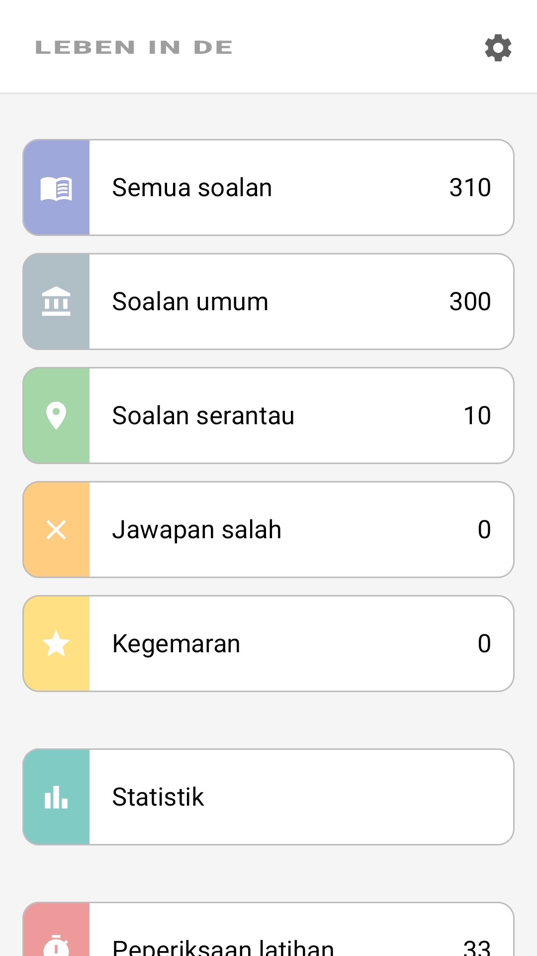 Skrin utama aplikasi dalam Bahasa Melayu: semua soalan, soalan serantau, kegemaran, statistik