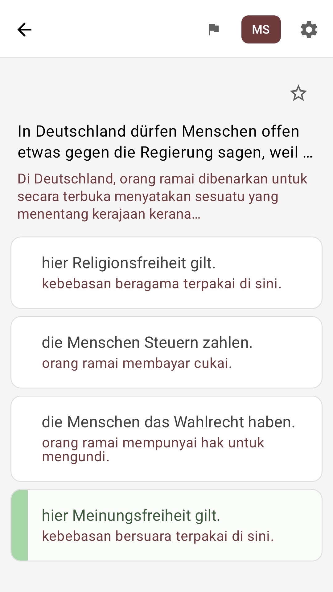 Skrin soalan dengan jawapan diterjemah ke Bahasa Melayu