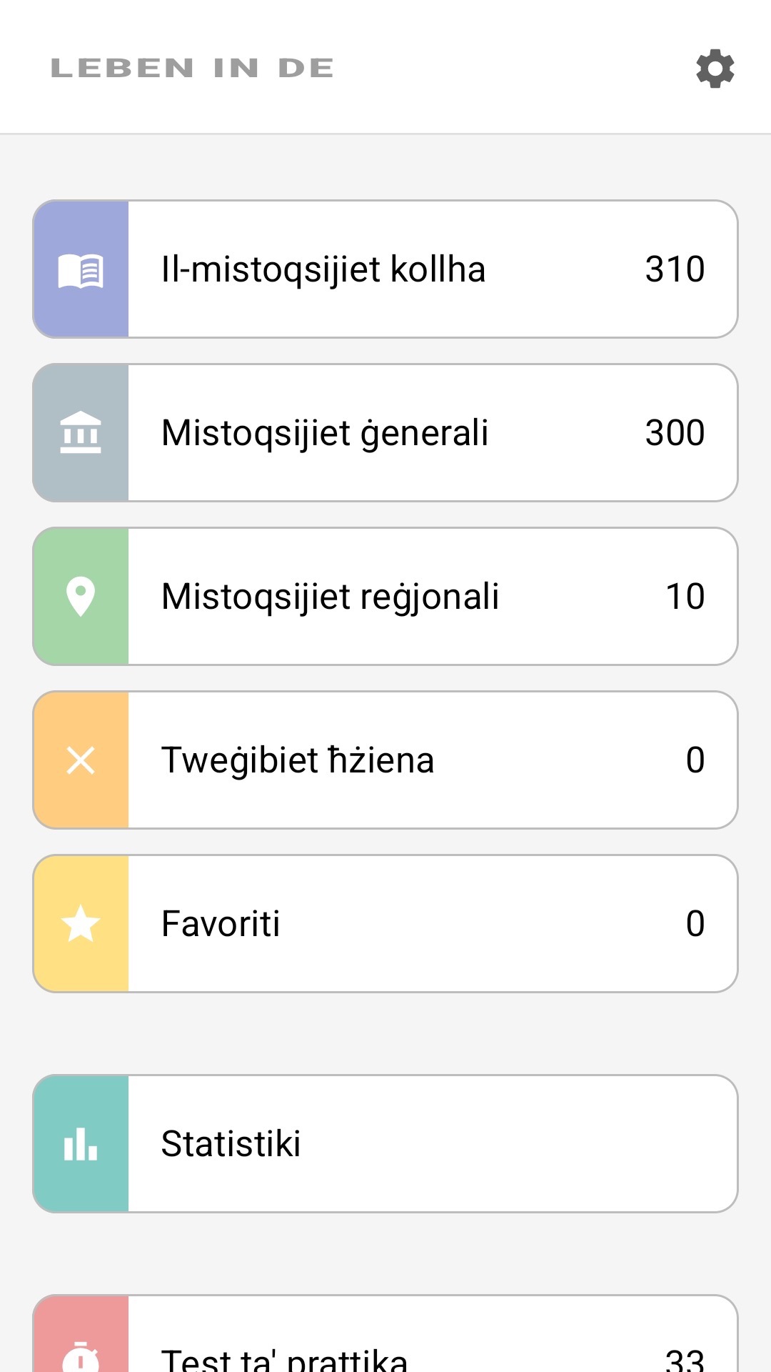 Skrin prinċipali tal-app bil-Malti: il-mistoqsijiet kollha, mistoqsijiet reġjonali, favoriti, statistika