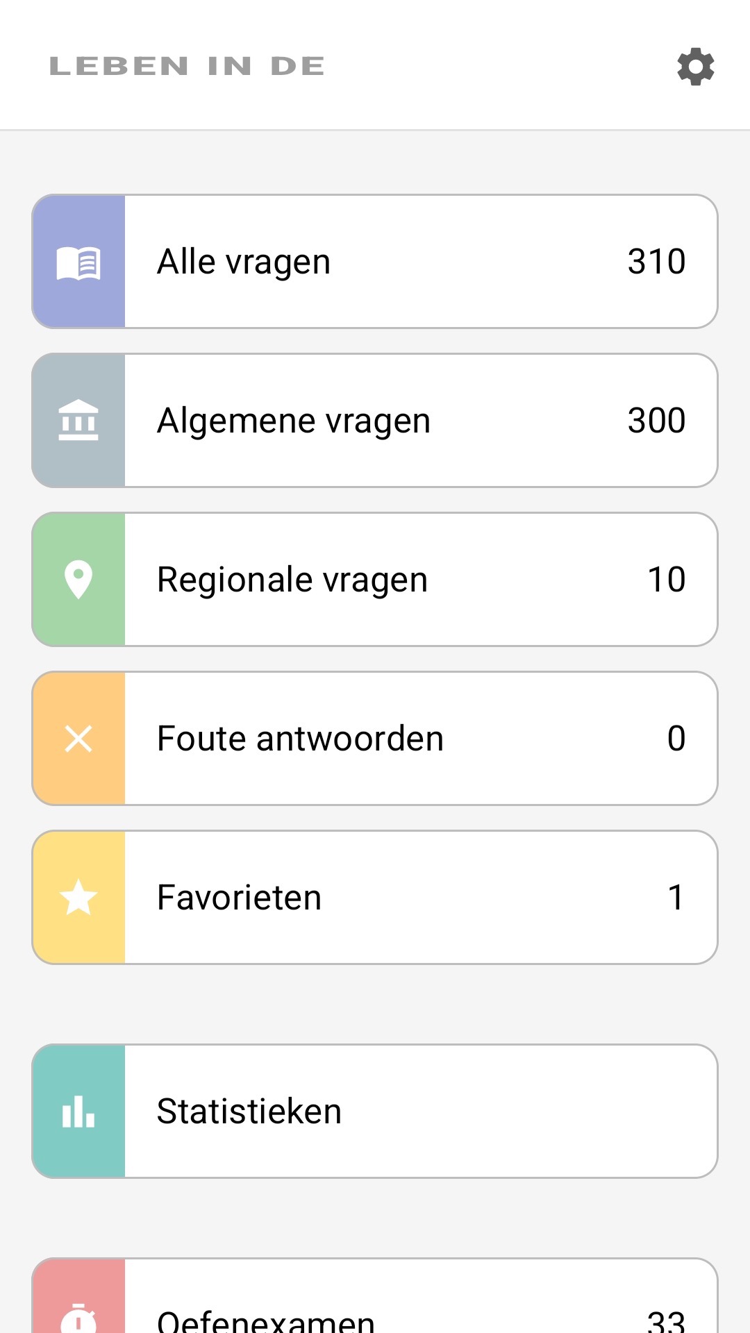Startscherm van de app in het Nederlands: alle vragen, regionale vragen, favorieten, statistieken