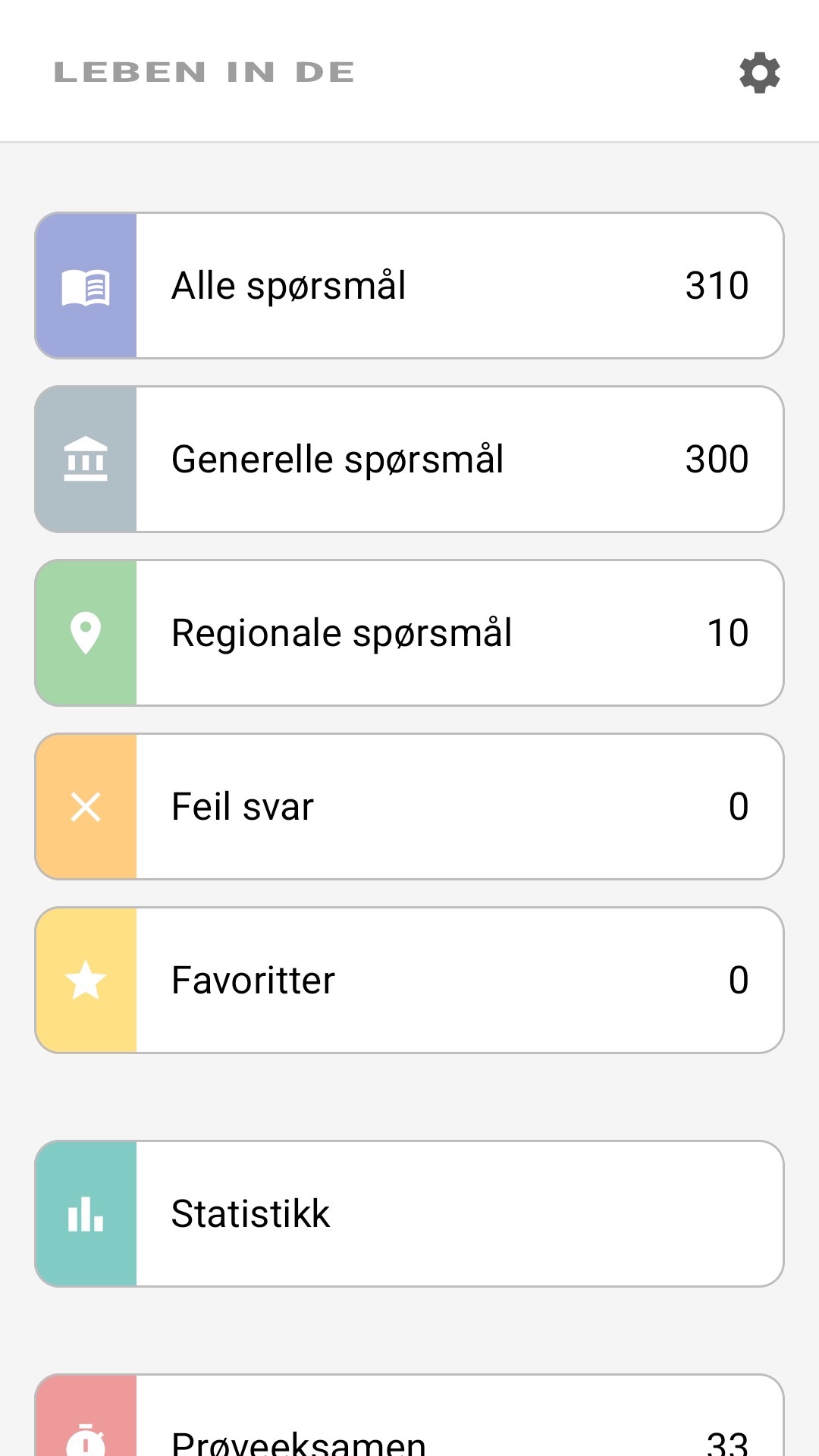 Appens startskjerm på norsk: alle spørsmål, regionale spørsmål, favoritter, statistikk