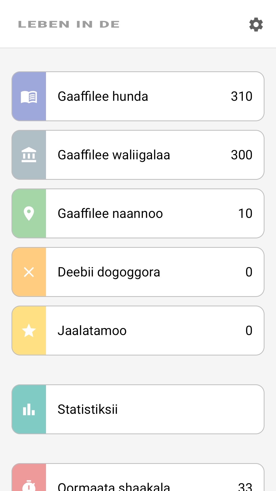Iskiriinii jalqabaa app Afaan Oromootiin: gaaffilee hunda, gaaffilee naannoo, kanneen jaallataman, istaatistika