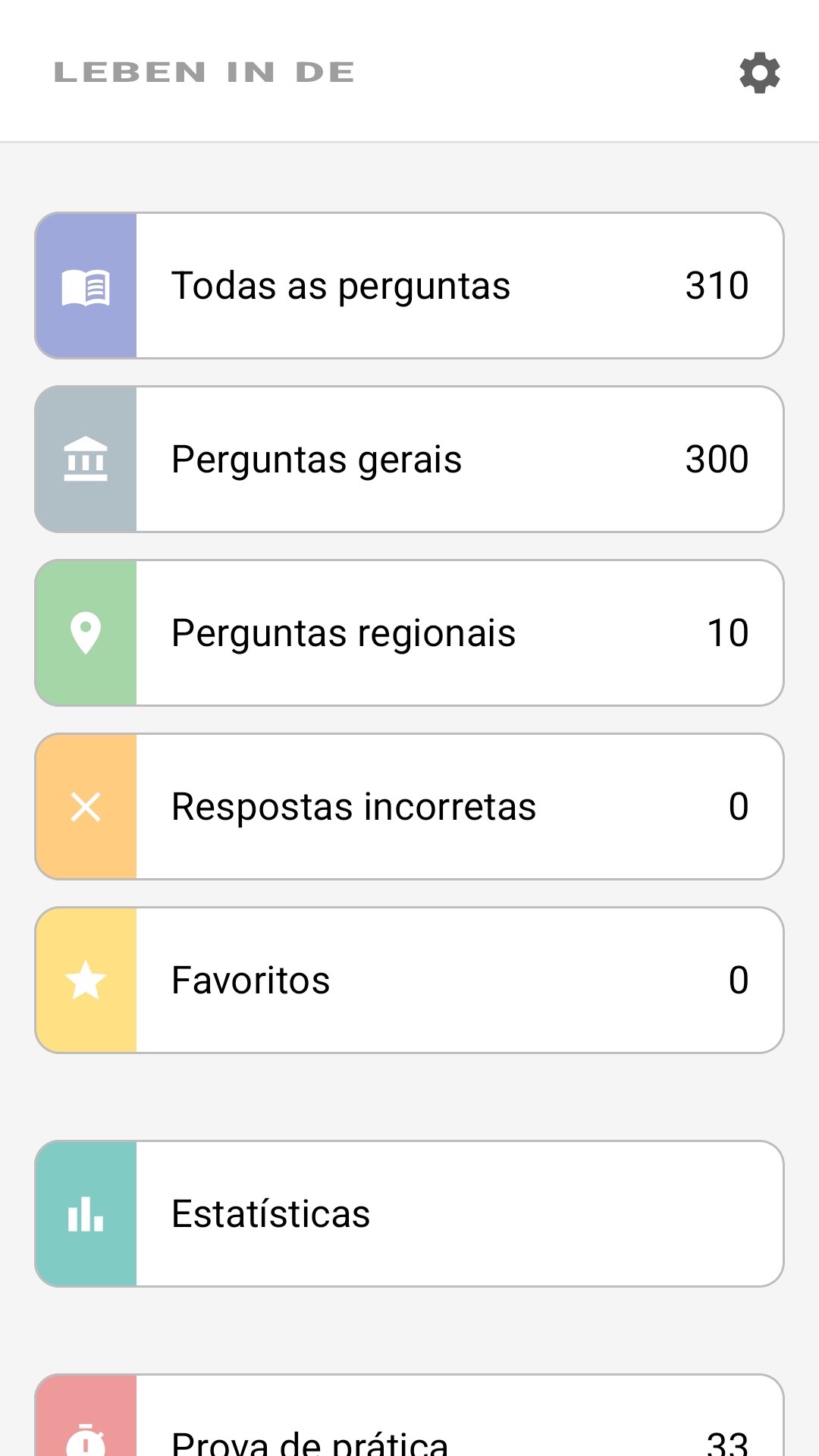 Tela inicial do app em português: todas as questões, questões regionais, favoritos, estatísticas