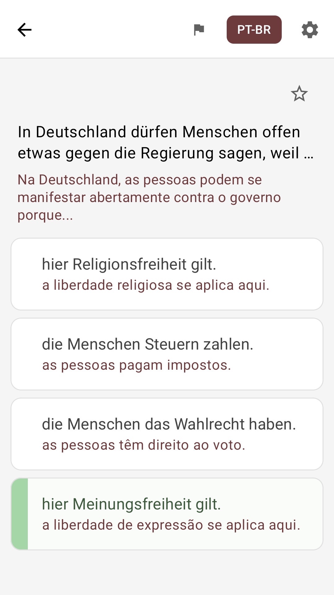 Tela de questão com respostas traduzidas para o português
