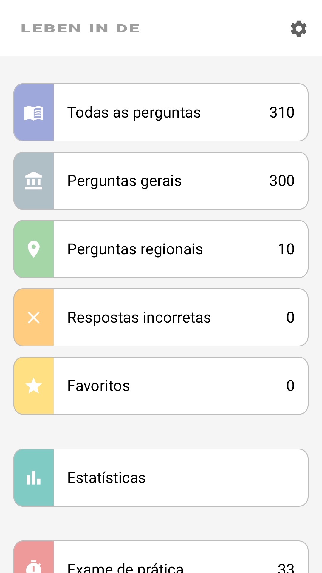 Ecrã inicial da aplicação em português: todas as perguntas, perguntas regionais, favoritos, estatísticas