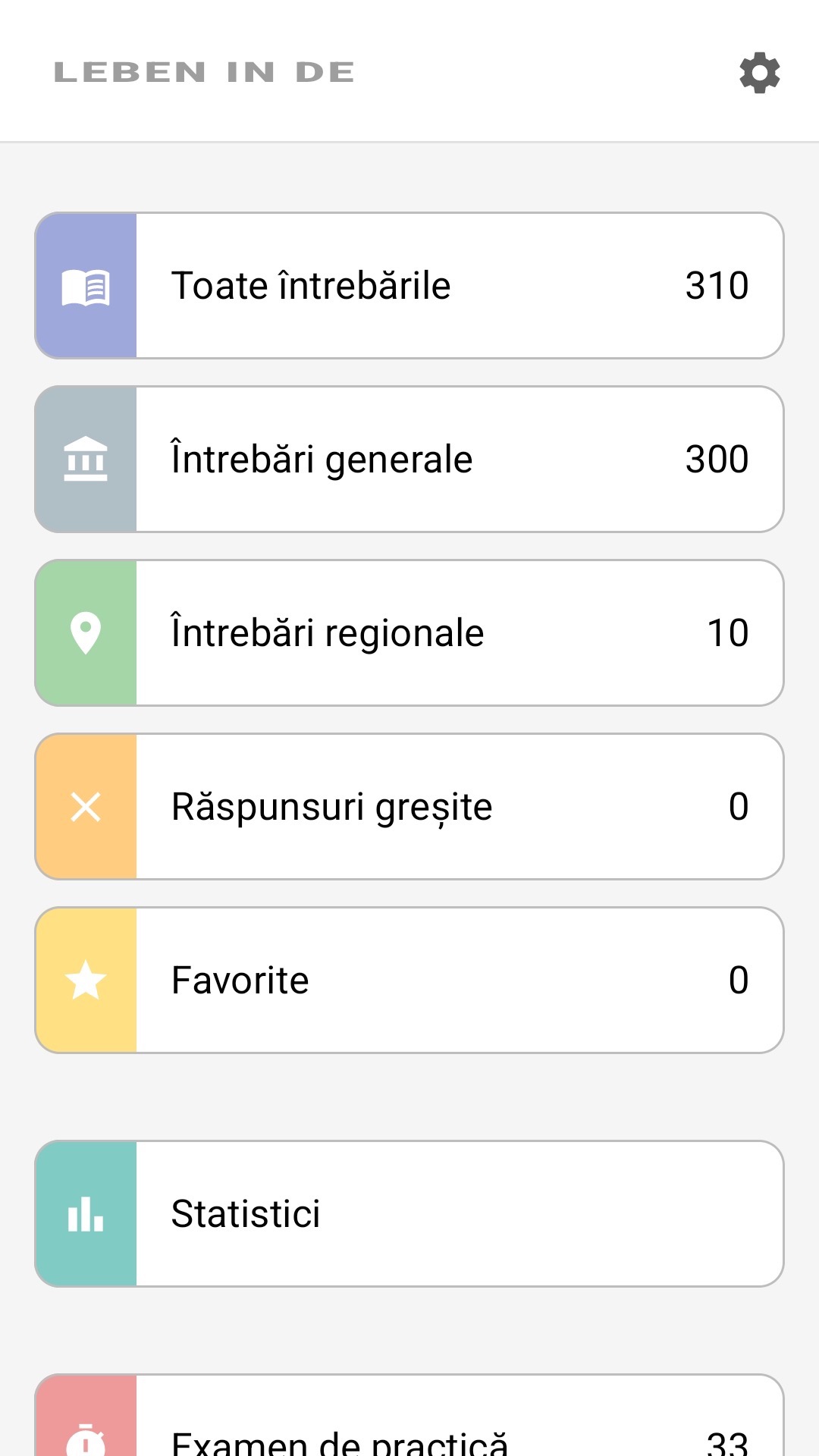 Ecranul principal al aplicației în română: toate întrebările, întrebările regionale, favorite, statistici