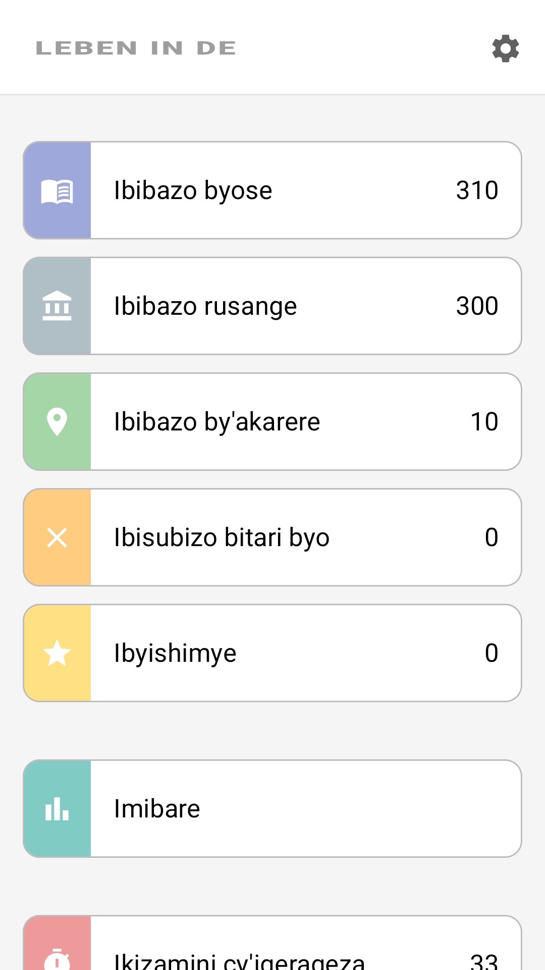 Urupapuro rw'itangiriro rwa porogaramu mu Kinyarwanda: ibibazo byose, ibibazo by'akarere, ibyo ukunda, imibare