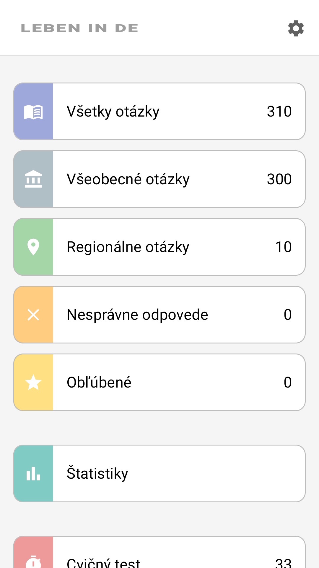 Domovská obrazovka aplikácie po slovensky: všetky otázky, regionálne otázky, obľúbené, štatistiky