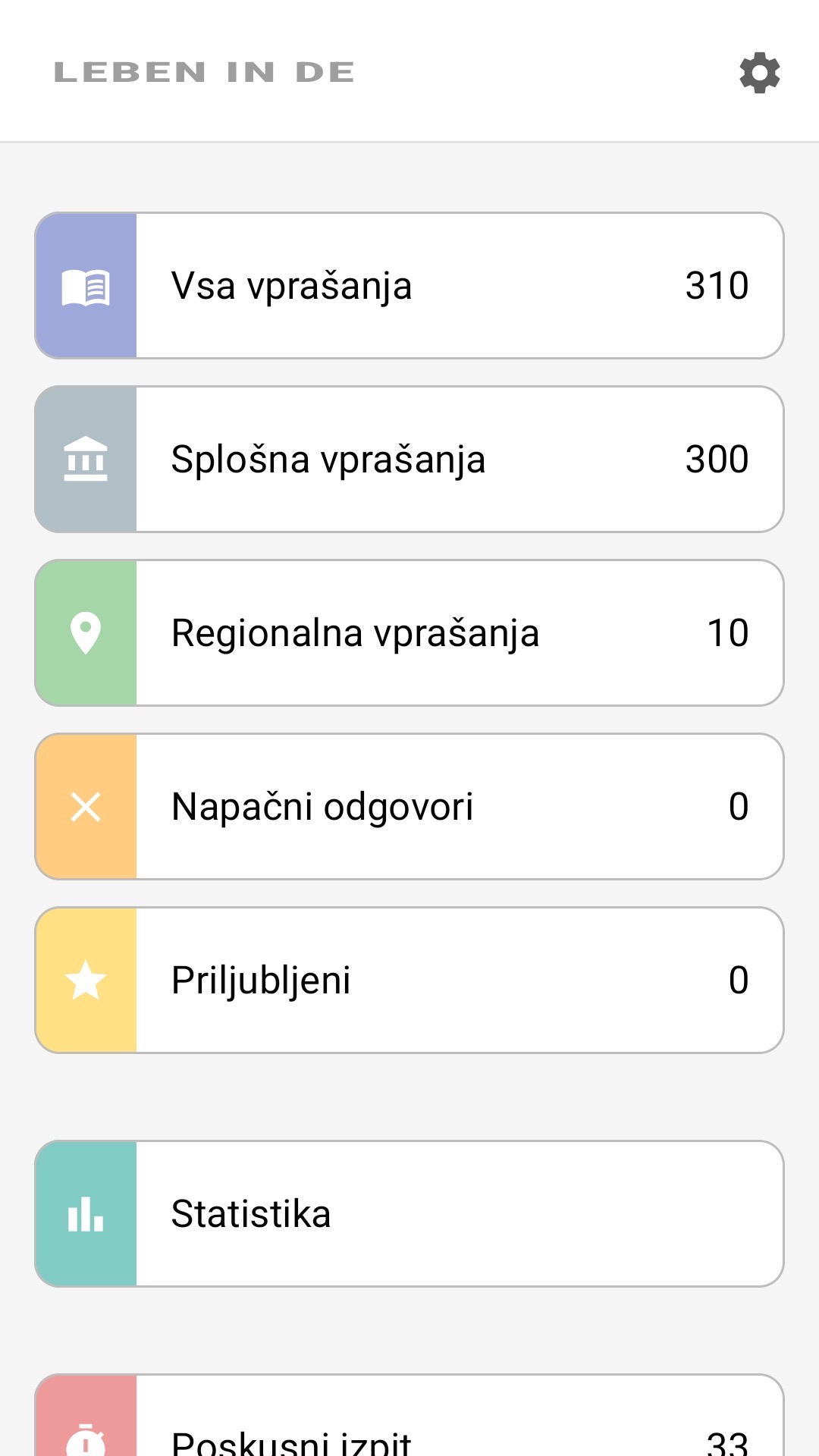 Domači zaslon aplikacije v slovenščini: vsa vprašanja, regionalna vprašanja, priljubljene, statistika
