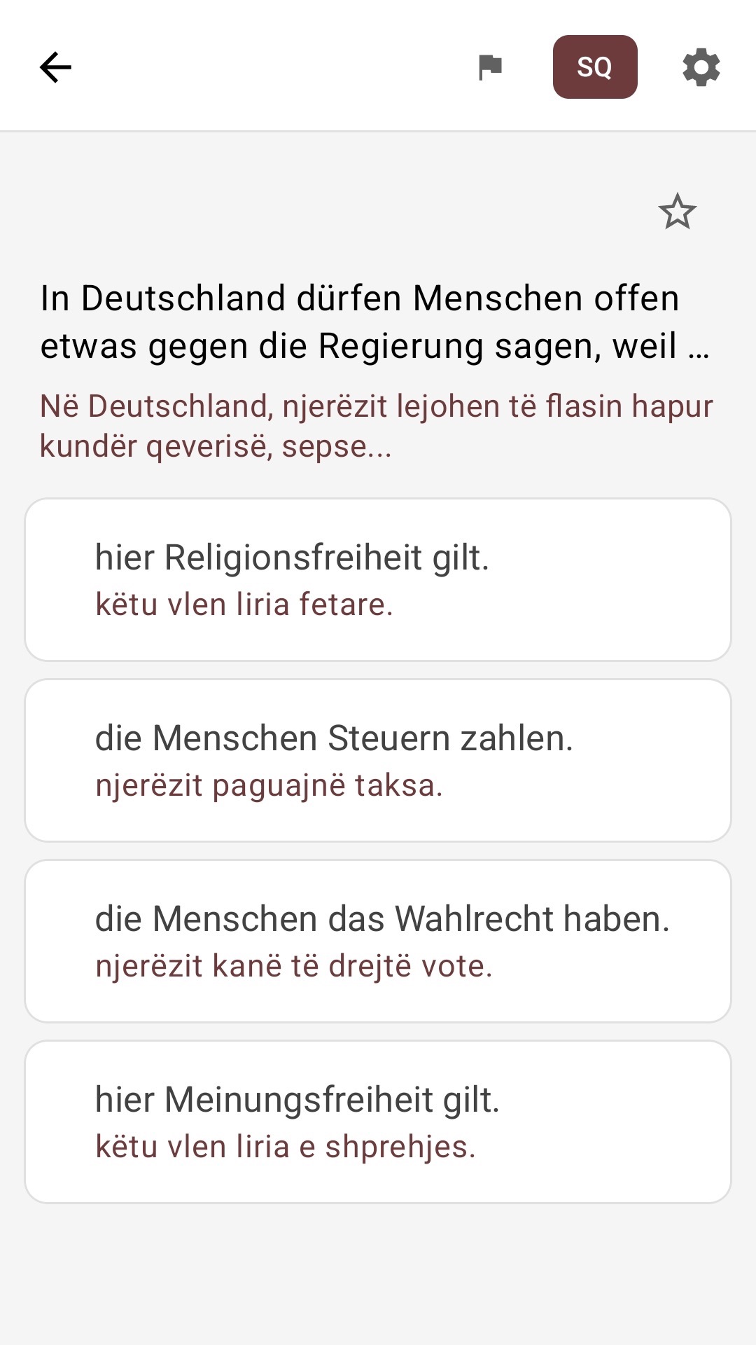 Ekrani i pyetjeve me përgjigje të përkthyera në shqip