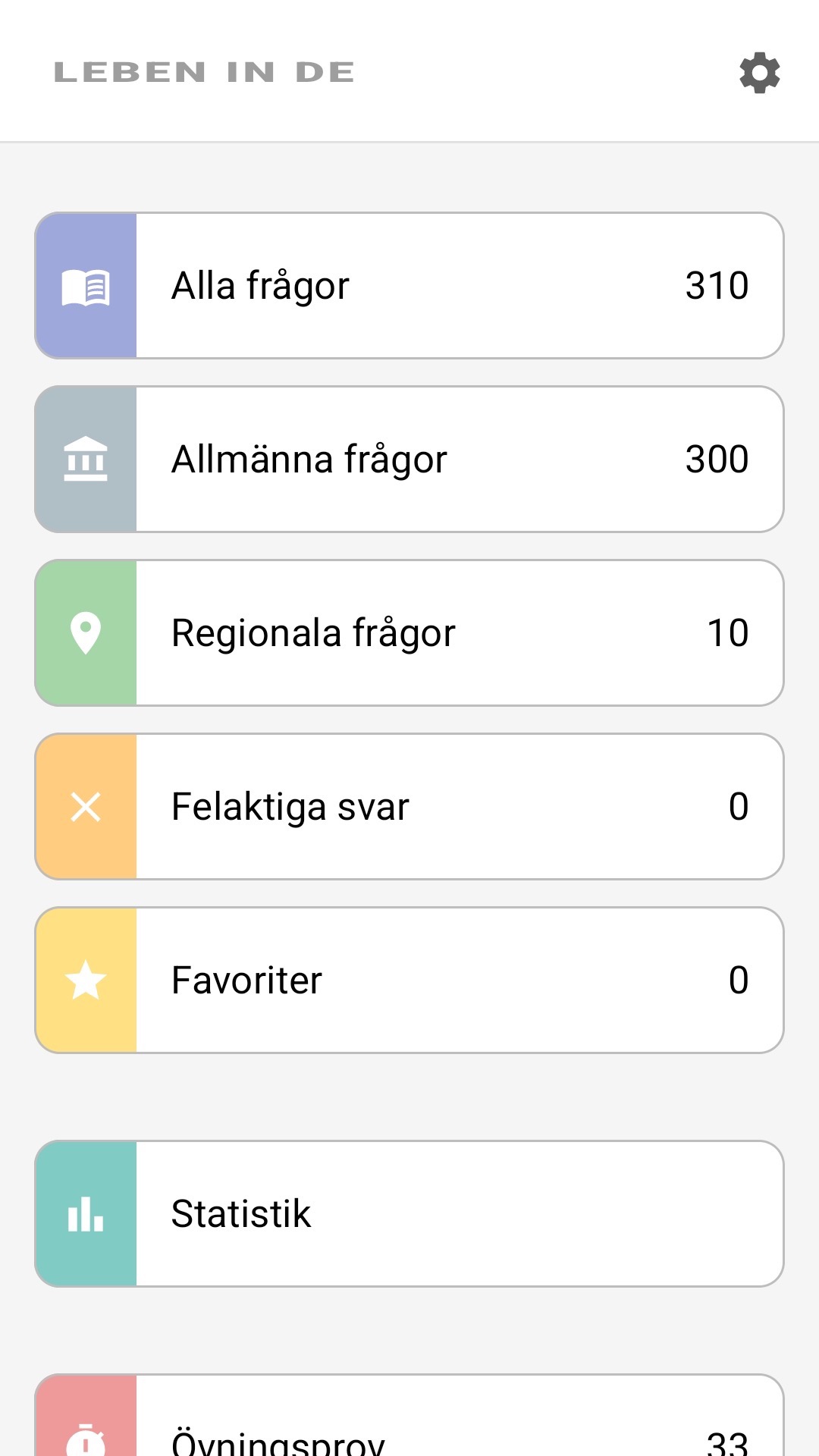 Appens startskärm på svenska: alla frågor, regionala frågor, favoriter, statistik
