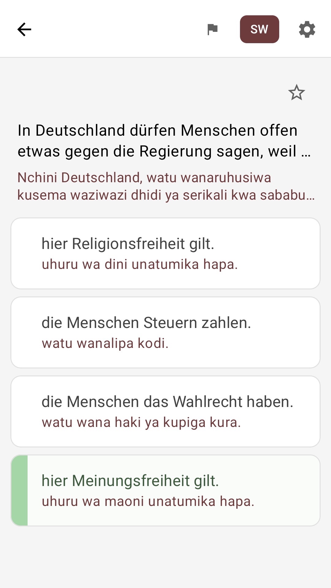 Skrini ya swali yenye majibu yaliyotafsiriwa kwa Kiswahili