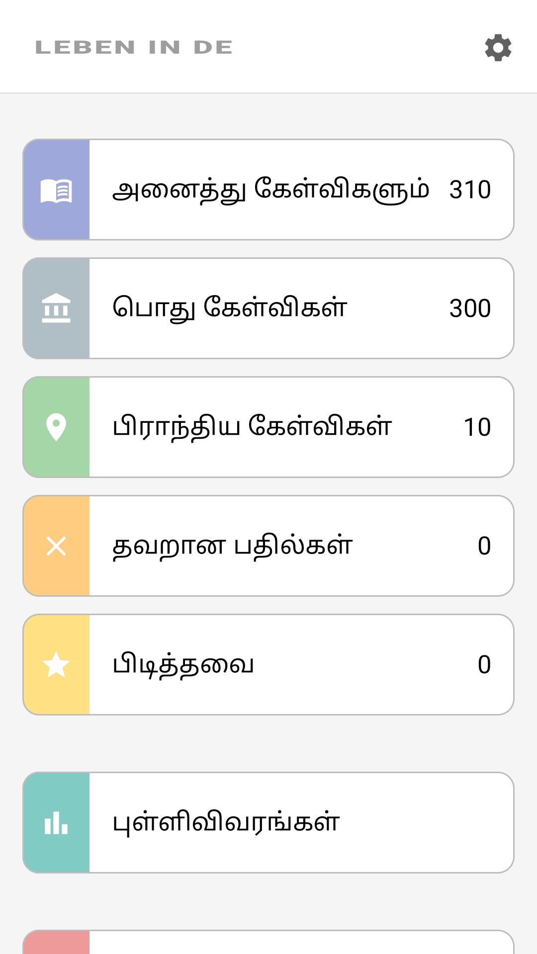 தமிழில் செயலியின் முகப்புத் திரை: அனைத்துக் கேள்விகள், பிராந்தியக் கேள்விகள், பிடித்தவை, புள்ளிவிவரங்கள்