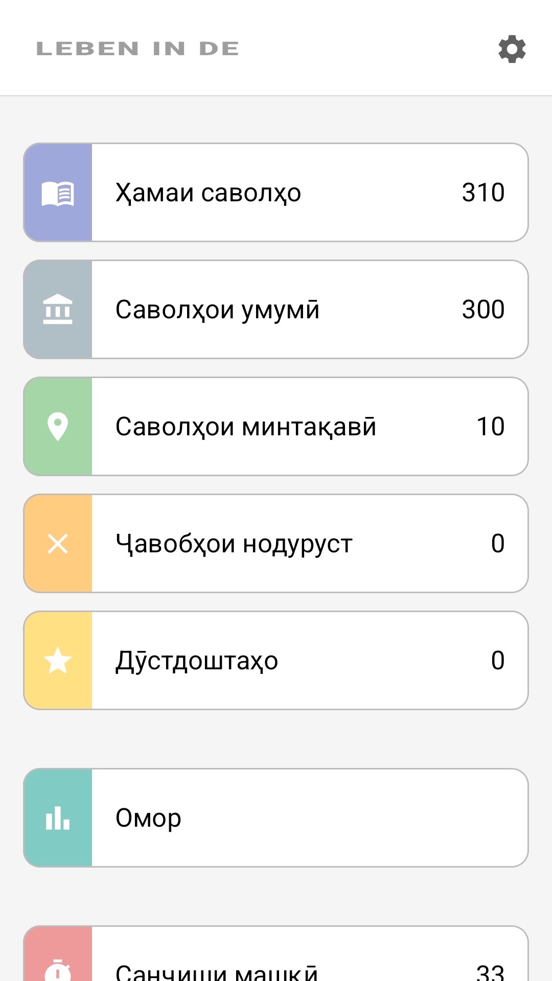 Саҳифаи асосии барнома бо тоҷикӣ: ҳамаи саволҳо, саволҳои минтақавӣ, дӯстдоштаҳо, омор